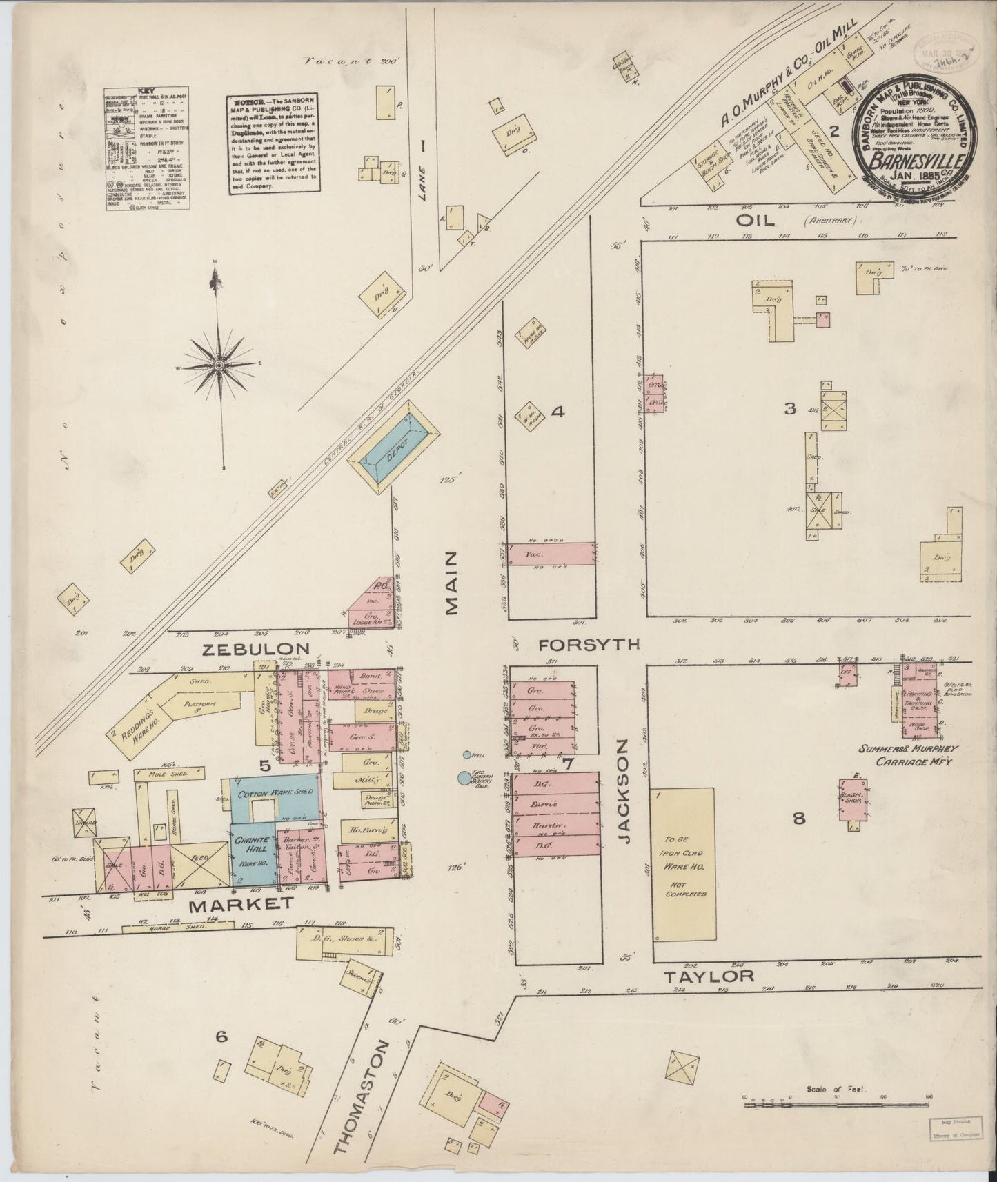 Sanborn Fire Insurance Map from Barnesville, Lamar County, Georgia (1885), Sheet #0001 - Historic Sanborn Fire Insurance Map Print, vintage old map wall art, antique decor, genealogy gift, Georgia Georgia map