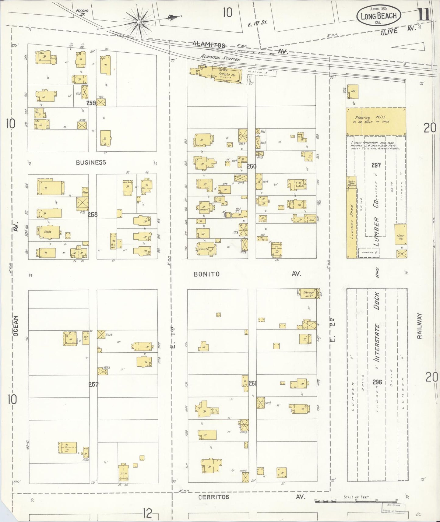 Sanborn Fire Insurance Map from Long Beach, Los Angeles County, California (1905), Sheet #0011 - Historic Sanborn Fire Insurance Map Print, vintage old map wall art, antique decor, genealogy gift, California California map