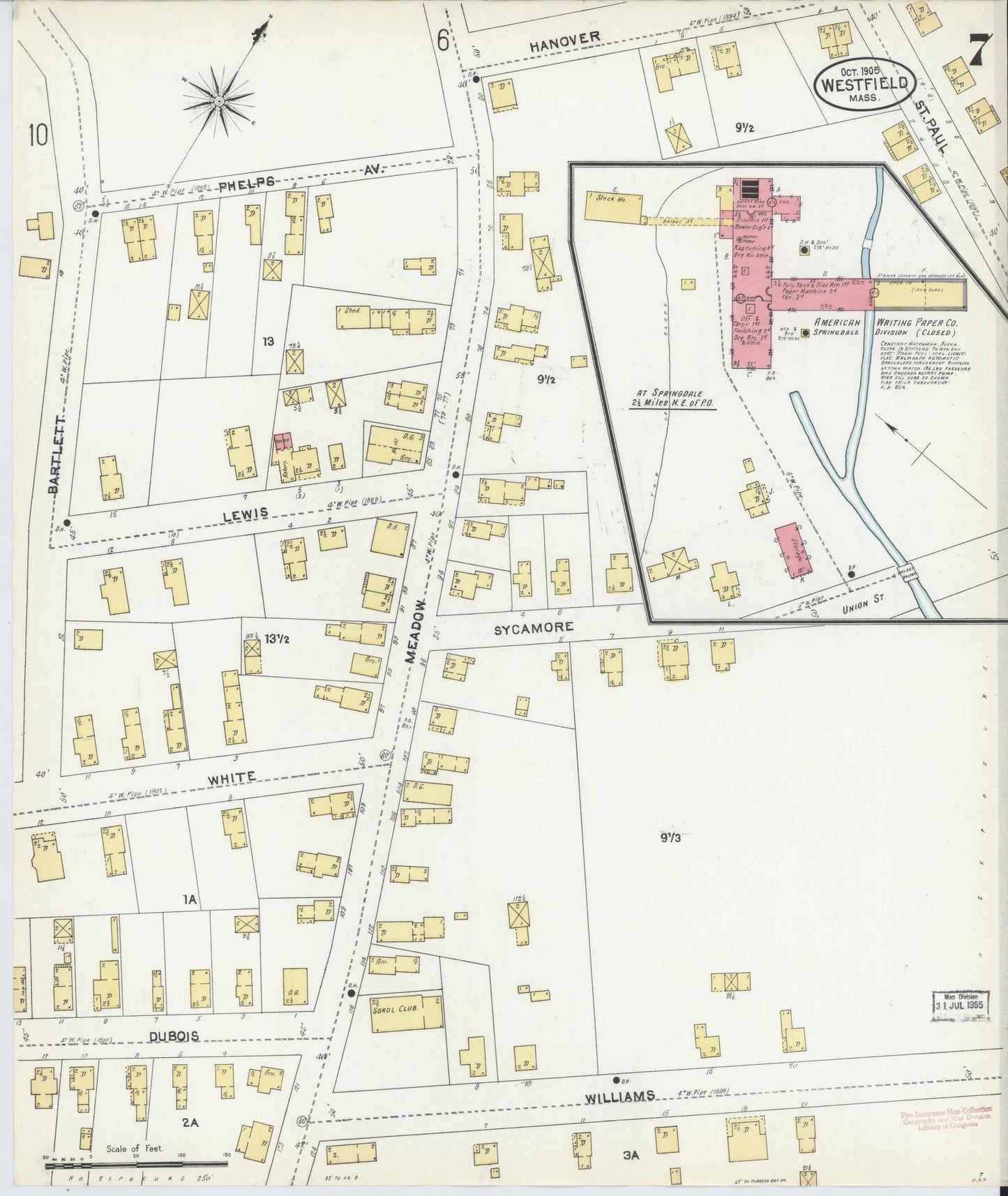 Sanborn Fire Insurance Map from Westfield, Hampden County, Massachusetts (1905), Sheet #0007 - Historic Sanborn Fire Insurance Map Print, vintage old map wall art, antique decor, genealogy gift, Massachusetts Massachusetts map