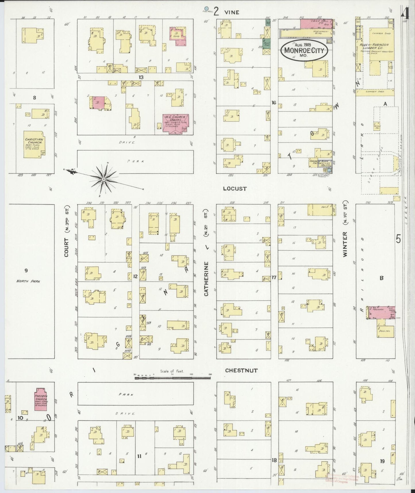 Sanborn Fire Insurance Map from Monroe City, Monroe County, Missouri (1909), Sheet #0004 - Historic Sanborn Fire Insurance Map Print, vintage old map wall art, antique decor, genealogy gift, Missouri Missouri map