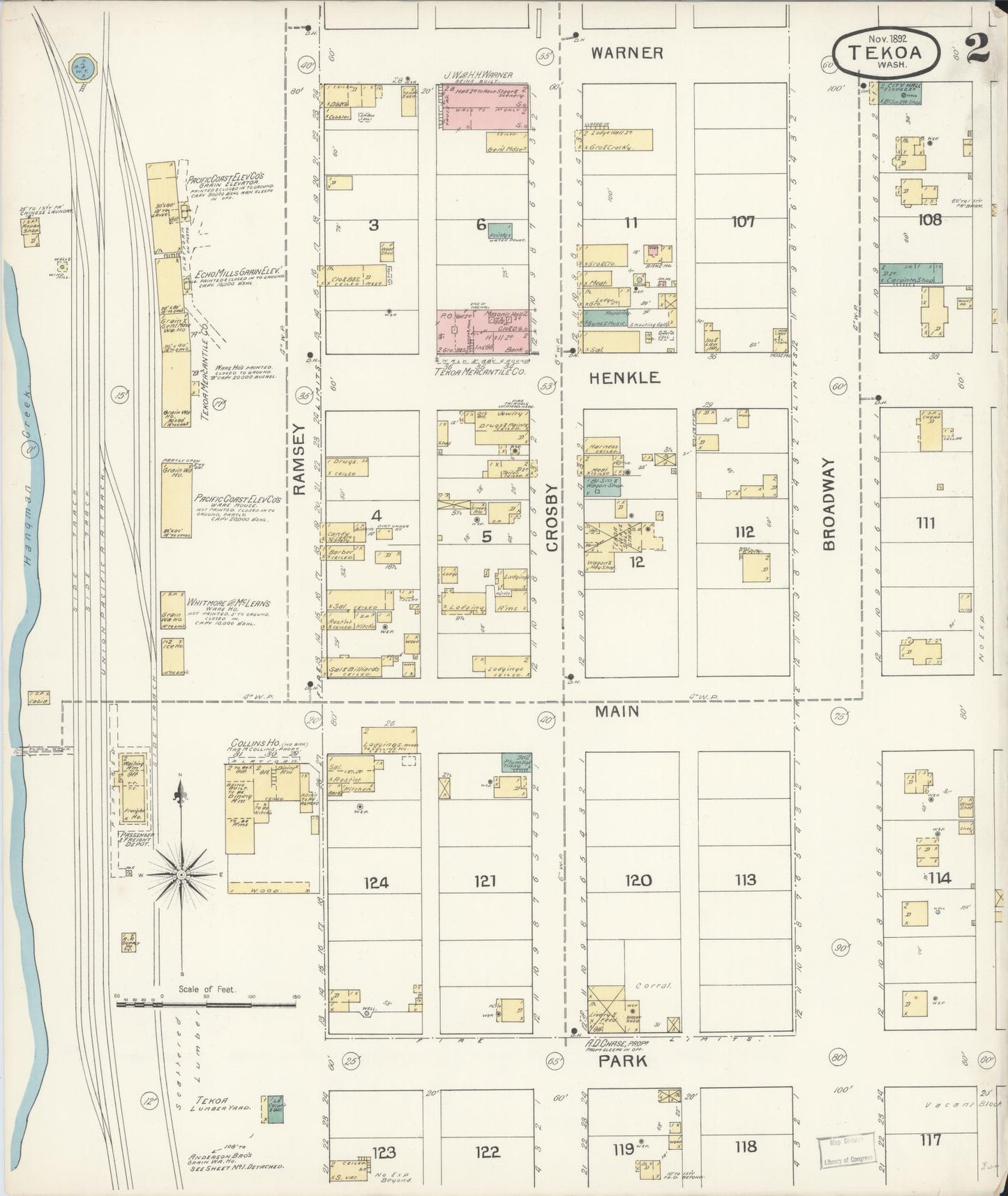 Sanborn Fire Insurance Map from Tekoa, Whitman County, Washington (1892), Sheet #0002 - Historic Sanborn Fire Insurance Map Print, vintage old map wall art, antique decor, genealogy gift, Washington Washington map