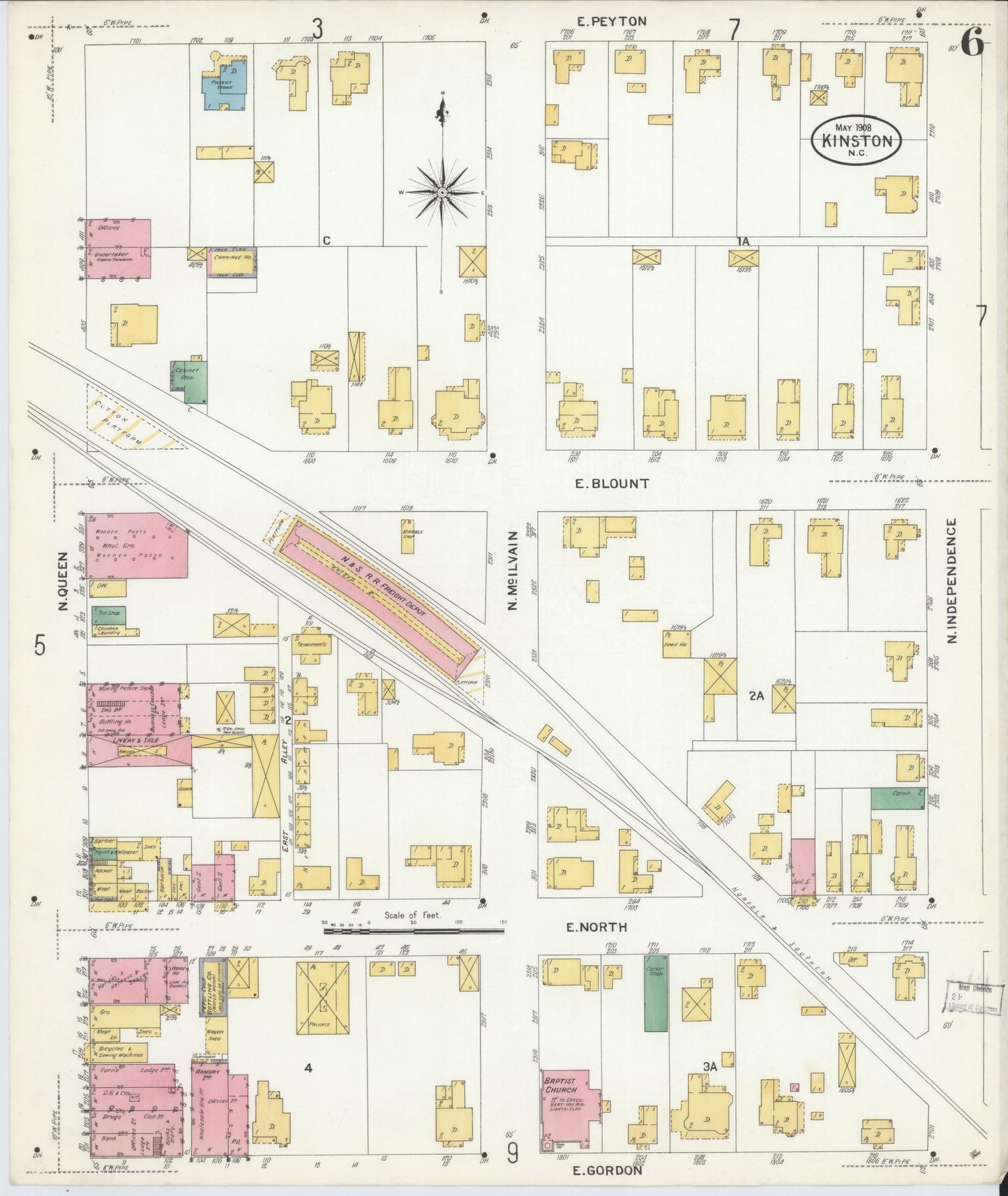Sanborn Fire Insurance Map from Kinston, Lenoir County, North Carolina (1908), Sheet #0006 - Historic Sanborn Fire Insurance Map Print, vintage old map wall art, antique decor, genealogy gift, North Carolina North Carolina map