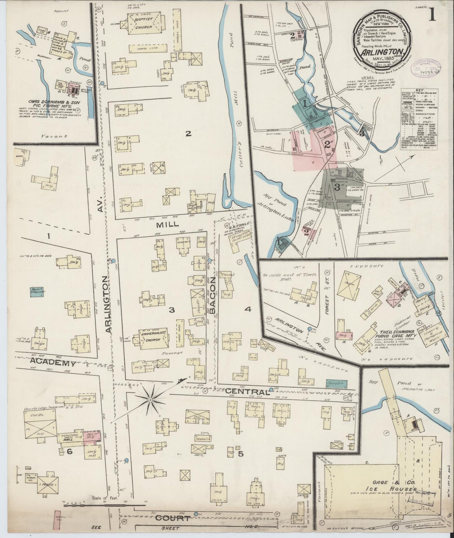 Sanborn Fire Insurance Map from Arlington, Middlesex County, Massachusetts (1885), Sheet #0001 - Historic Sanborn Fire Insurance Map Print, vintage old map wall art, antique decor, genealogy gift, Massachusetts Massachusetts map