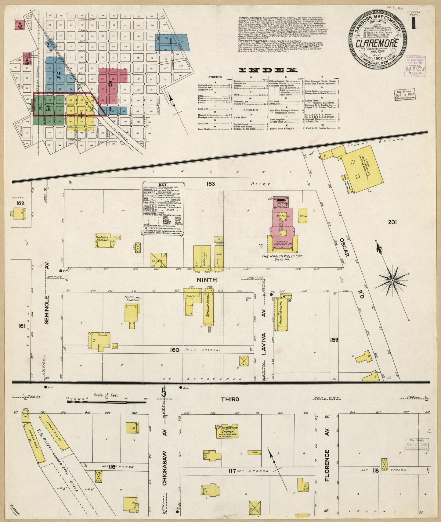 Sanborn Fire Insurance Map from Claremore, Rogers County, Oklahoma (1907), Sheet #0001 - Historic Sanborn Fire Insurance Map Print, vintage old map wall art, antique decor, genealogy gift, Oklahoma Oklahoma map