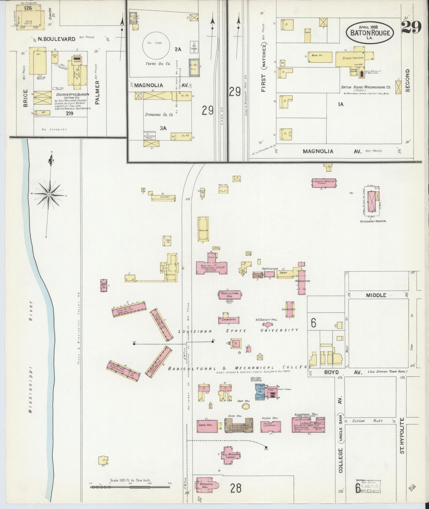 Sanborn Fire Insurance Map from Baton Rouge, East Baton Rouge Parish, Louisiana (1908), Sheet #0029 - Historic Sanborn Fire Insurance Map Print, vintage old map wall art, antique decor, genealogy gift, Louisiana Louisiana map