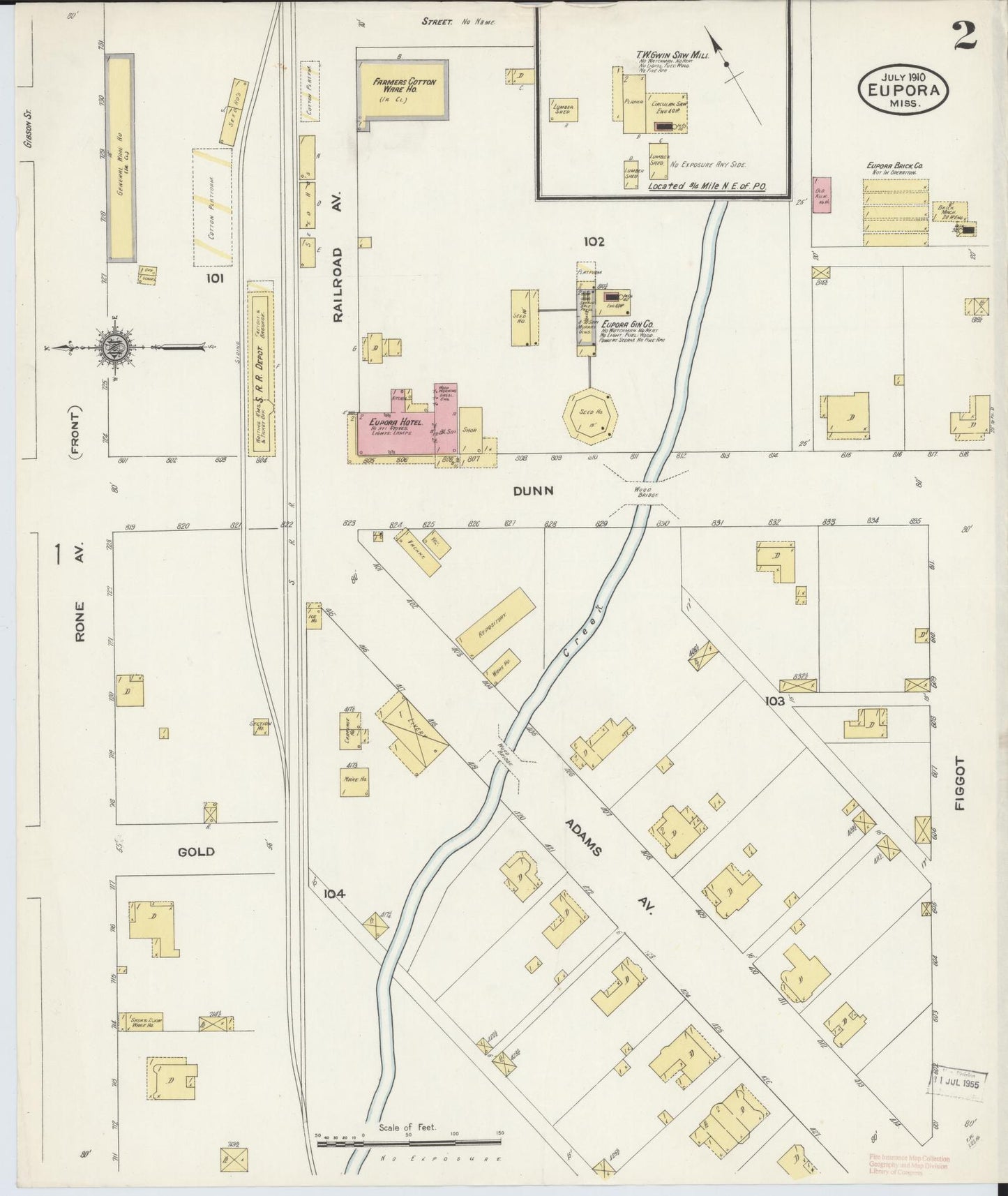 Sanborn Fire Insurance Map from Eupora, Webster County, Mississippi (1910), Sheet #0002 - Complete Map Set gallery image, historic Sanborn map, vintage wall art, Mississippi Mississippi