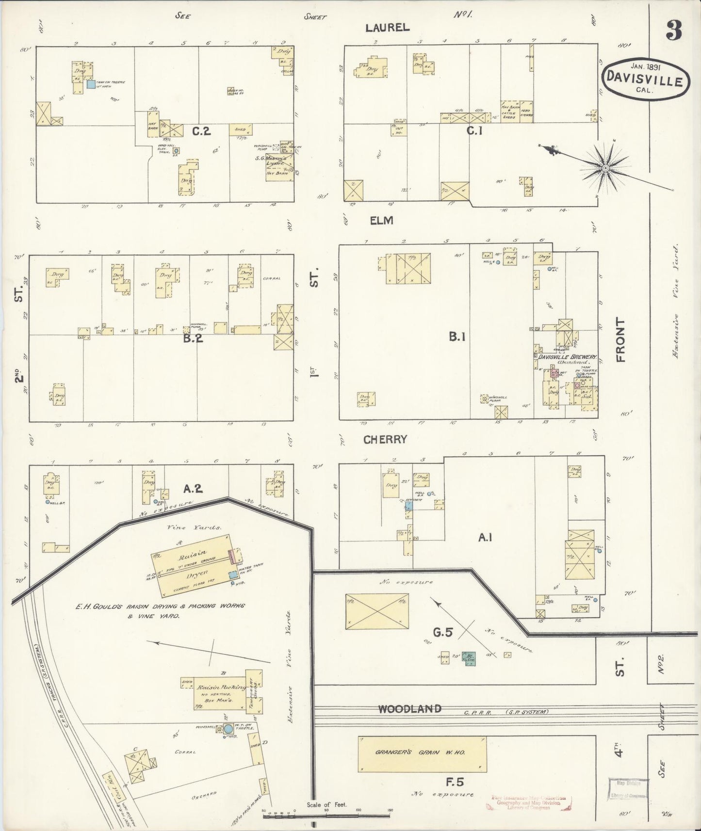 Sanborn Fire Insurance Map from Davis, Yolo County, California (1891), Sheet #0003 - Historic Sanborn Fire Insurance Map Print, vintage old map wall art, antique decor, genealogy gift, California California map
