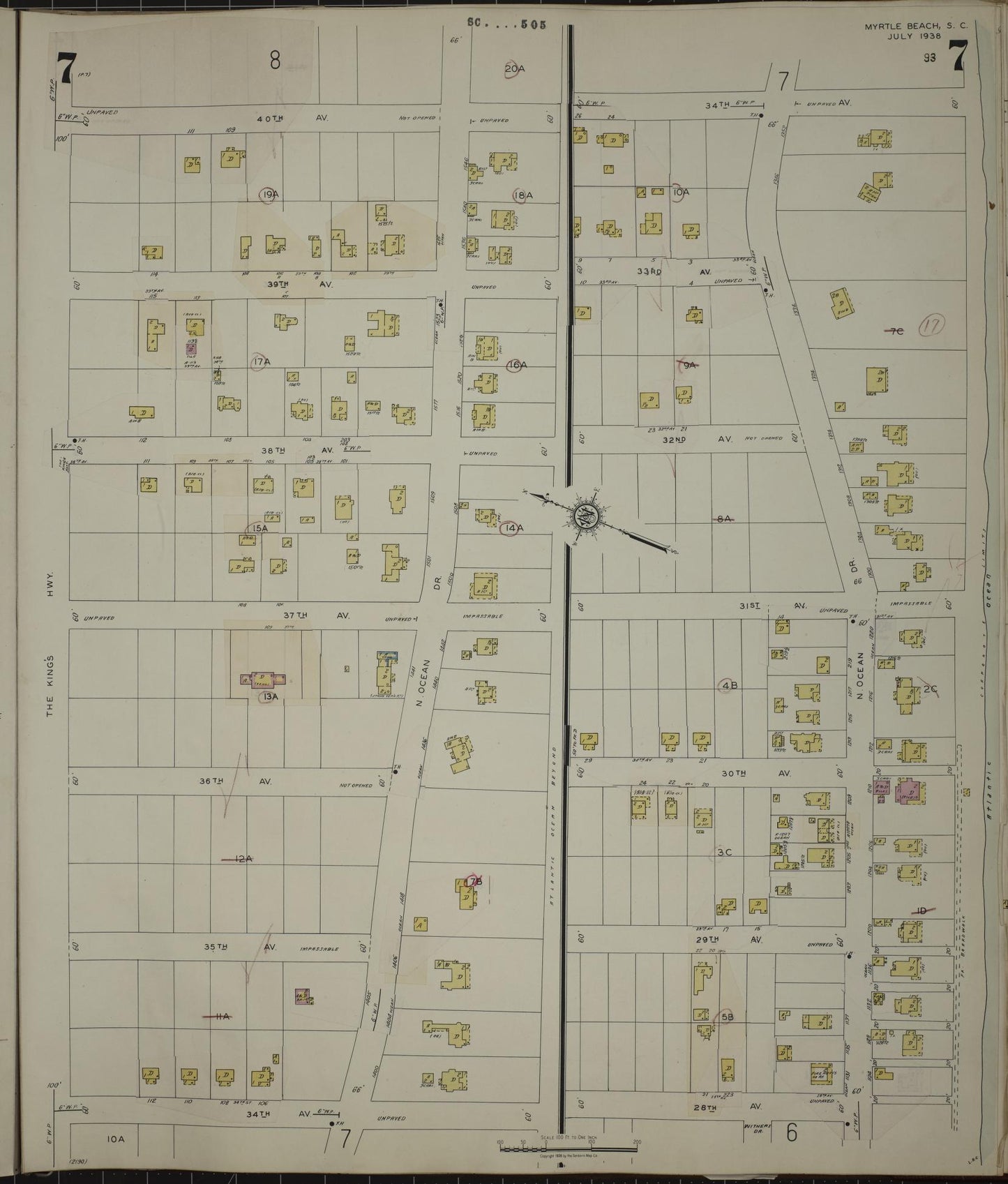 Sanborn Fire Insurance Map from Myrtle Beach, Horry County, South Carolina (1949), Sheet #0007 - Historic Sanborn Fire Insurance Map Print, vintage old map wall art, antique decor, genealogy gift, South Carolina South Carolina map