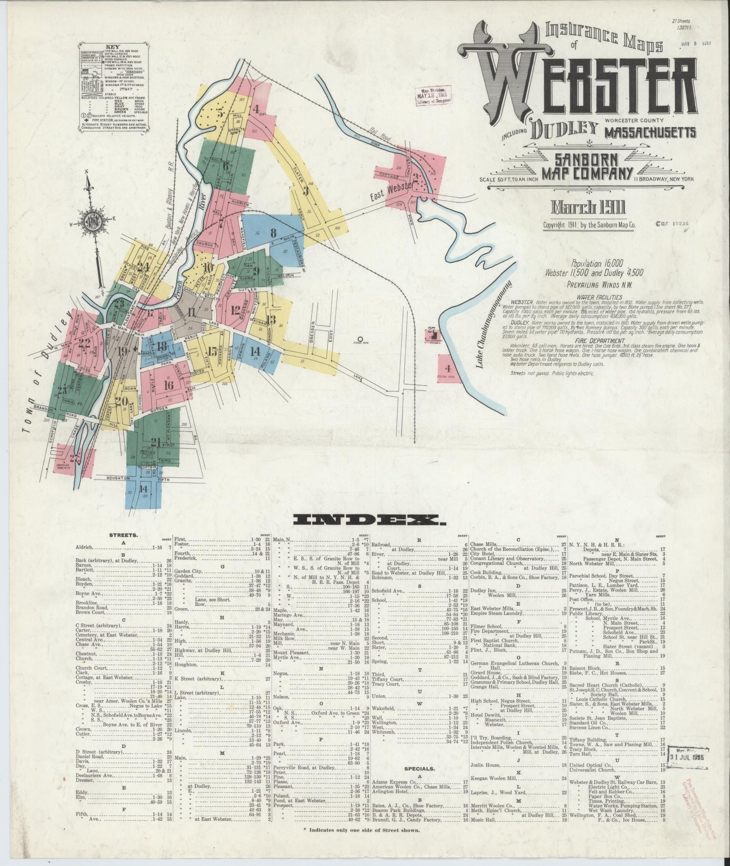 Sanborn Fire Insurance Map from Webster, Worcester County, Massachusetts (1911), Sheet #0001 - Historic Sanborn Fire Insurance Map Print, vintage old map wall art, antique decor, genealogy gift, Massachusetts Massachusetts map