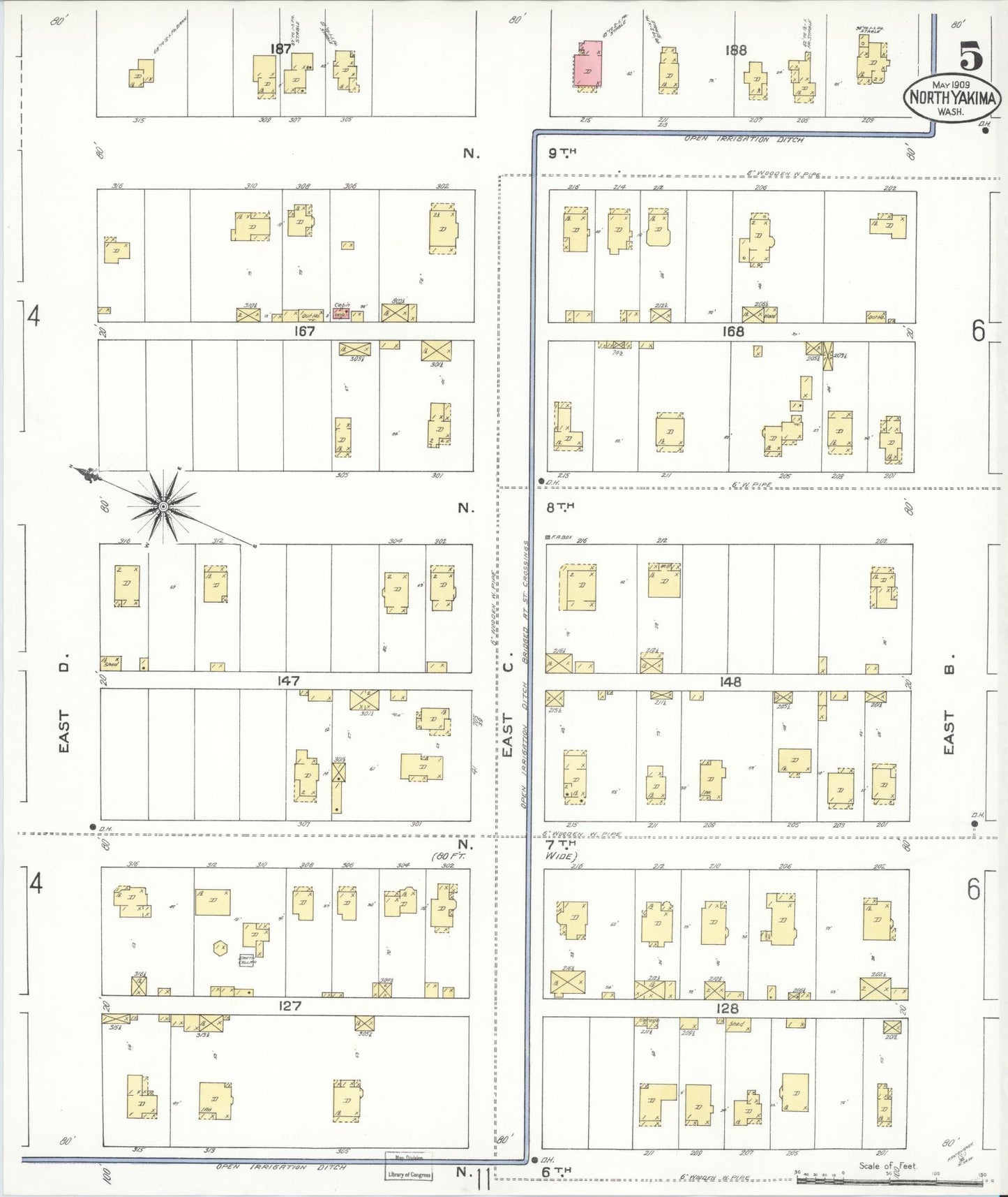 Sanborn Fire Insurance Map from North Yakima, Yakima County, Washington (1909), Sheet #0005 - Historic Sanborn Fire Insurance Map Print, vintage old map wall art, antique decor, genealogy gift, Washington Washington map