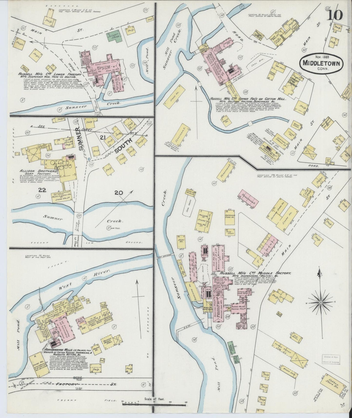 Sanborn Fire Insurance Map from Middletown, Middlesex County, Connecticut (1889), Sheet #0010 - Historic Sanborn Fire Insurance Map Print, vintage old map wall art, antique decor, genealogy gift, Connecticut Connecticut map