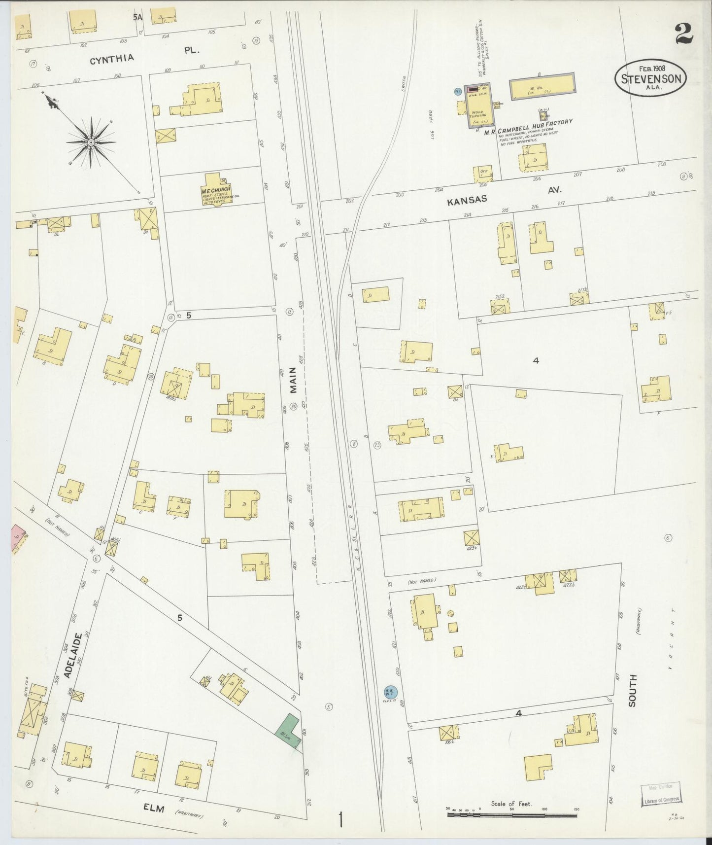 Sanborn Fire Insurance Map from Stevenson, Jackson County, Alabama (1908), Sheet #0002 - Historic Sanborn Fire Insurance Map Print, vintage old map wall art, antique decor, genealogy gift, Alabama Alabama map