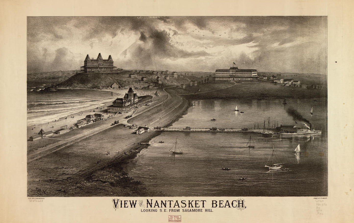 View of Nantasket Beach, looking S.E. from Sagamore Hill. (1879) – Historic Bird’s-Eye View Panorama Print