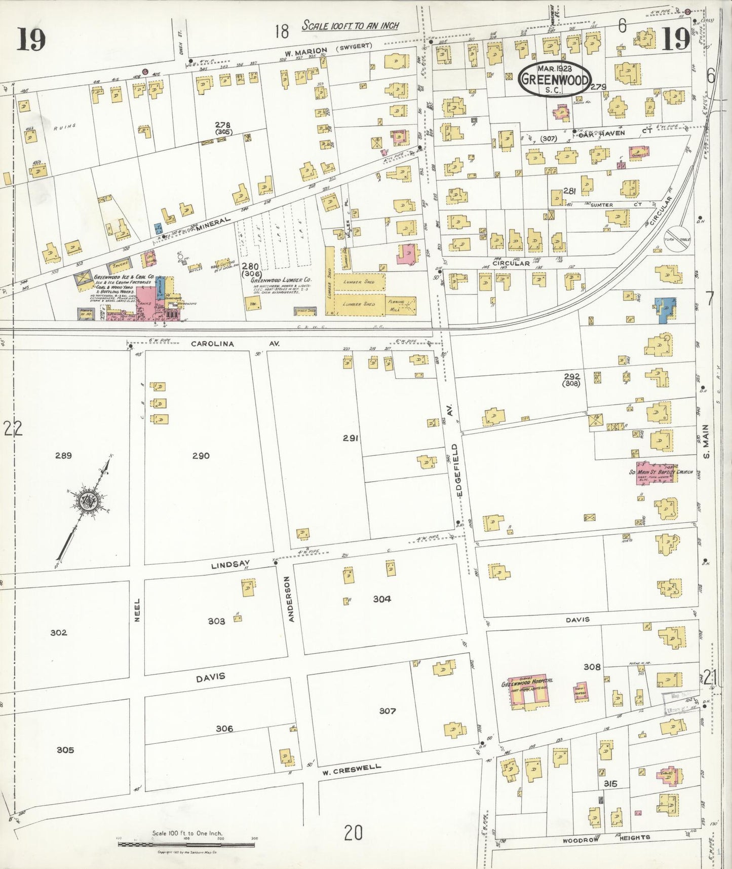 Sanborn Fire Insurance Map from Greenwood, Greenwood County, South Carolina (1923), Sheet #0019 - Historic Sanborn Fire Insurance Map Print, vintage old map wall art, antique decor, genealogy gift, South Carolina South Carolina map