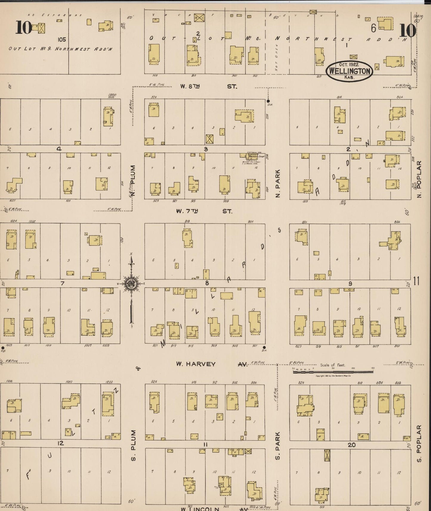 Sanborn Fire Insurance Map from Wellington, Sumner County, Kansas (1922), Sheet #0010 - Historic Sanborn Fire Insurance Map Print, vintage old map wall art, antique decor, genealogy gift, Kansas Kansas map