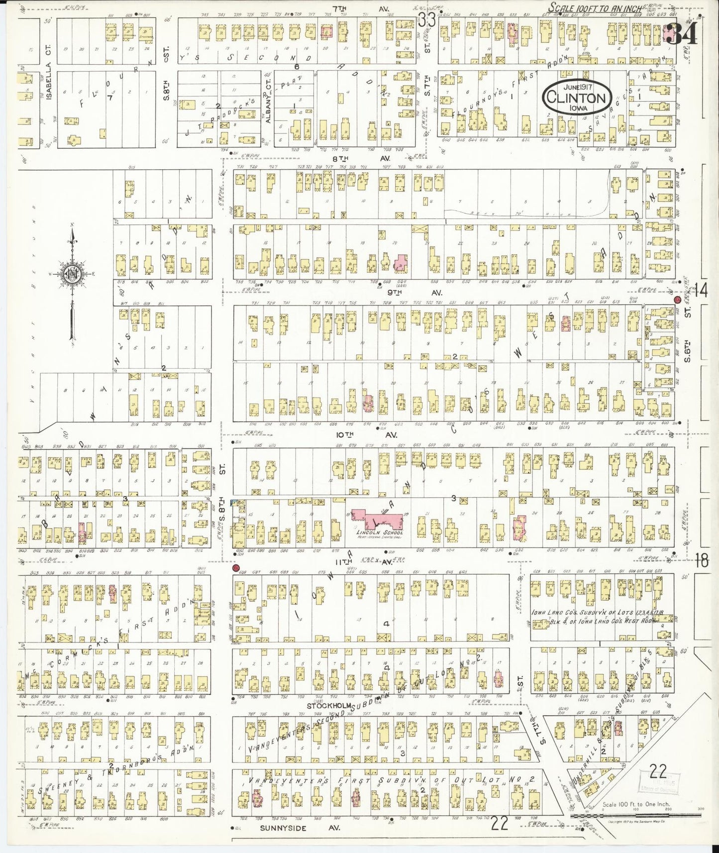 Sanborn Fire Insurance Map from Clinton, Clinton County, Iowa (1917), Sheet #0034 - Historic Sanborn Fire Insurance Map Print, vintage old map wall art