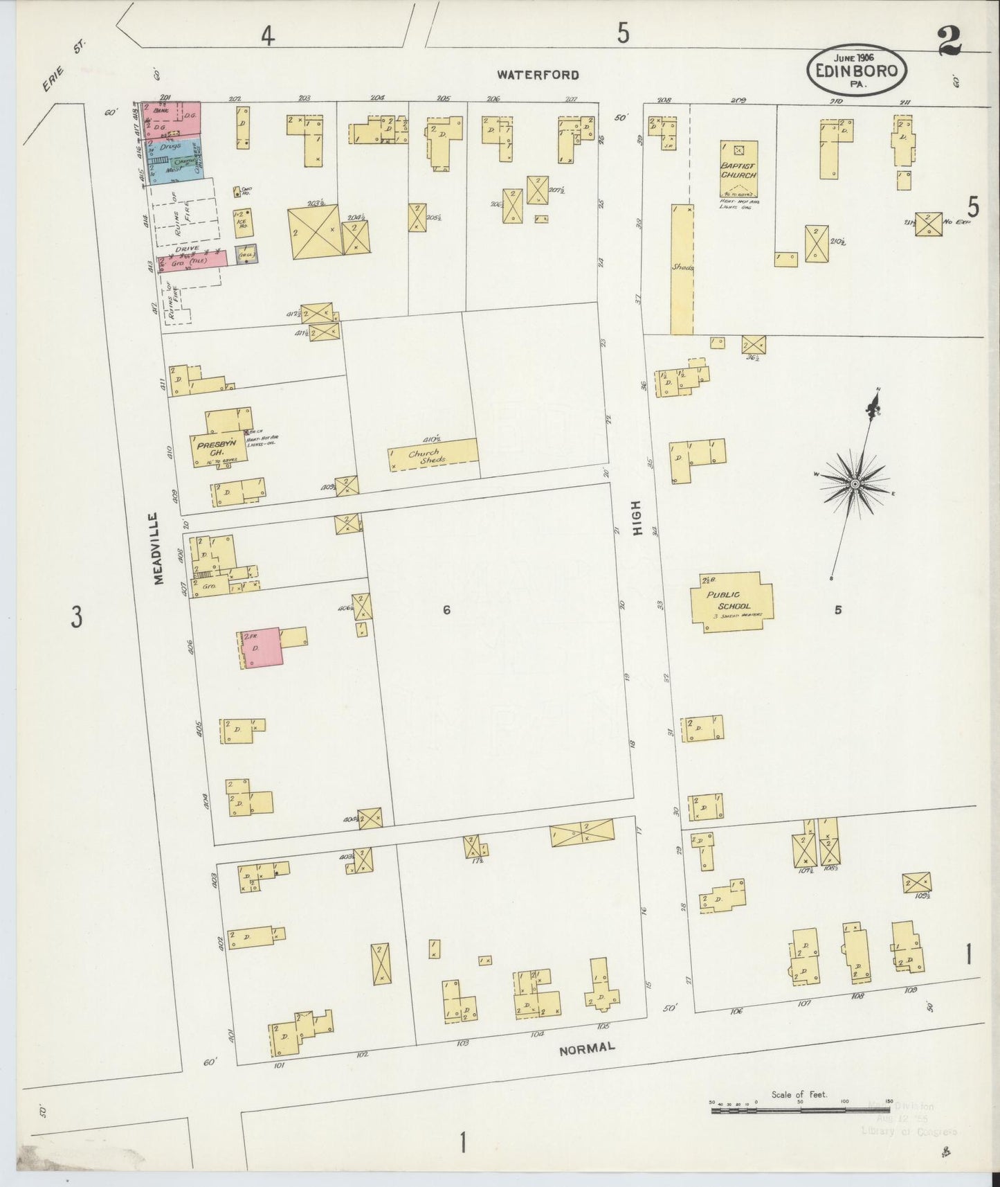 Sanborn Fire Insurance Map from Edinboro, Erie County, Pennsylvania (1906), Sheet #0002 - Historic Sanborn Fire Insurance Map Print, vintage old map wall art, antique decor, genealogy gift, Pennsylvania Pennsylvania map
