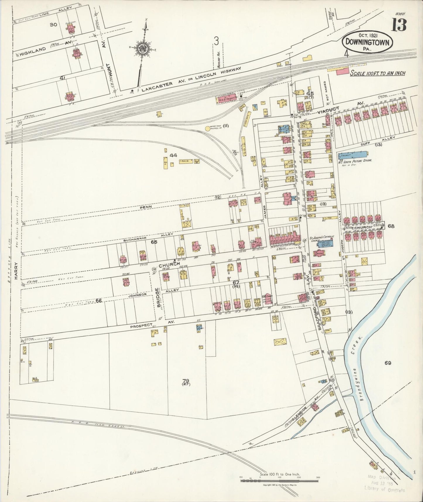 Sanborn Fire Insurance Map from Downingtown, Chester County, Pennsylvania (1921), Sheet #0013 - Historic Sanborn Fire Insurance Map Print, vintage old map wall art, antique decor, genealogy gift, Pennsylvania Pennsylvania map