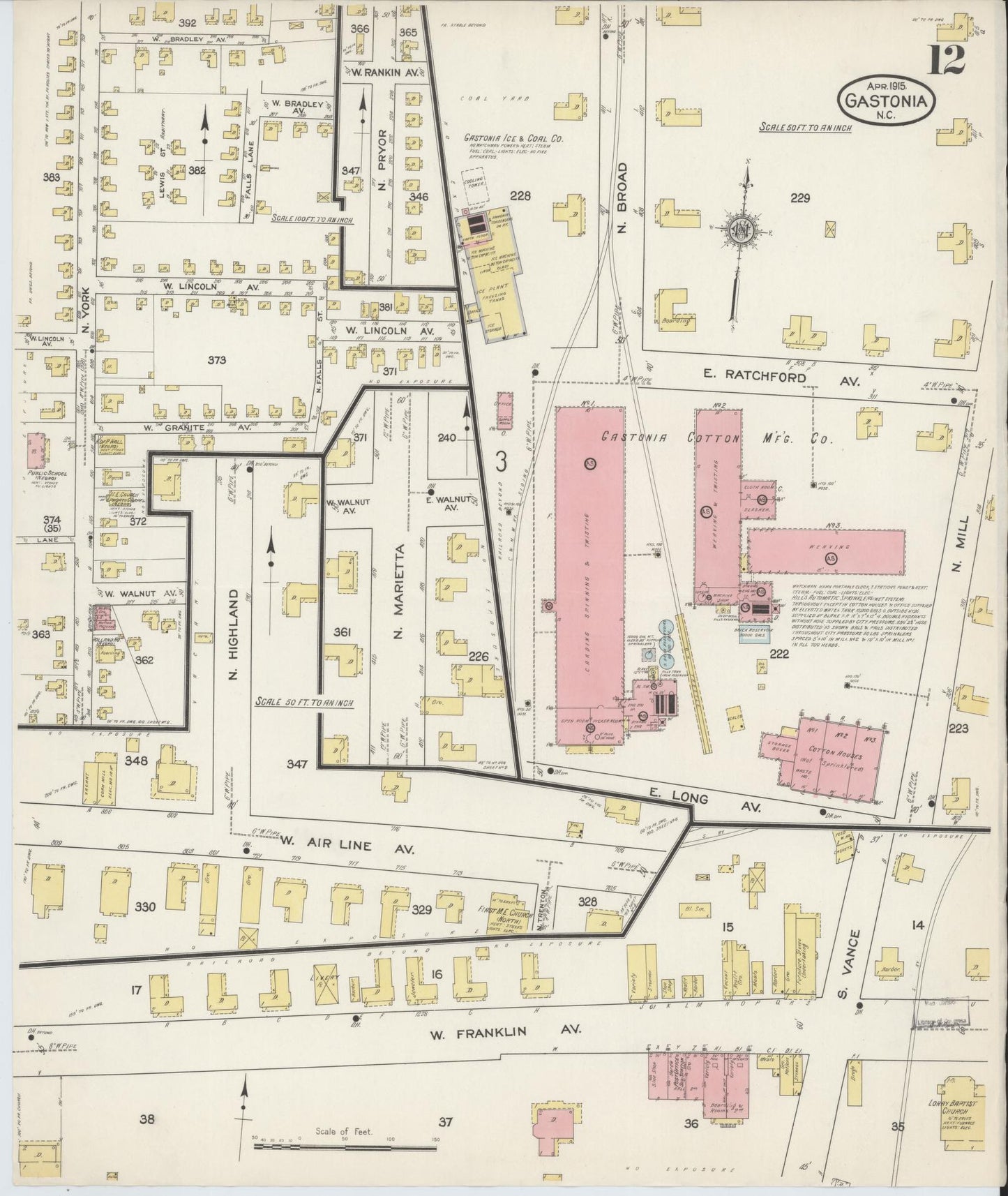 Sanborn Fire Insurance Map from Gastonia, Gaston County, North Carolina (1915), Sheet #0012 - Complete Map Set gallery image, historic Sanborn map, vintage wall art, North Carolina North Carolina