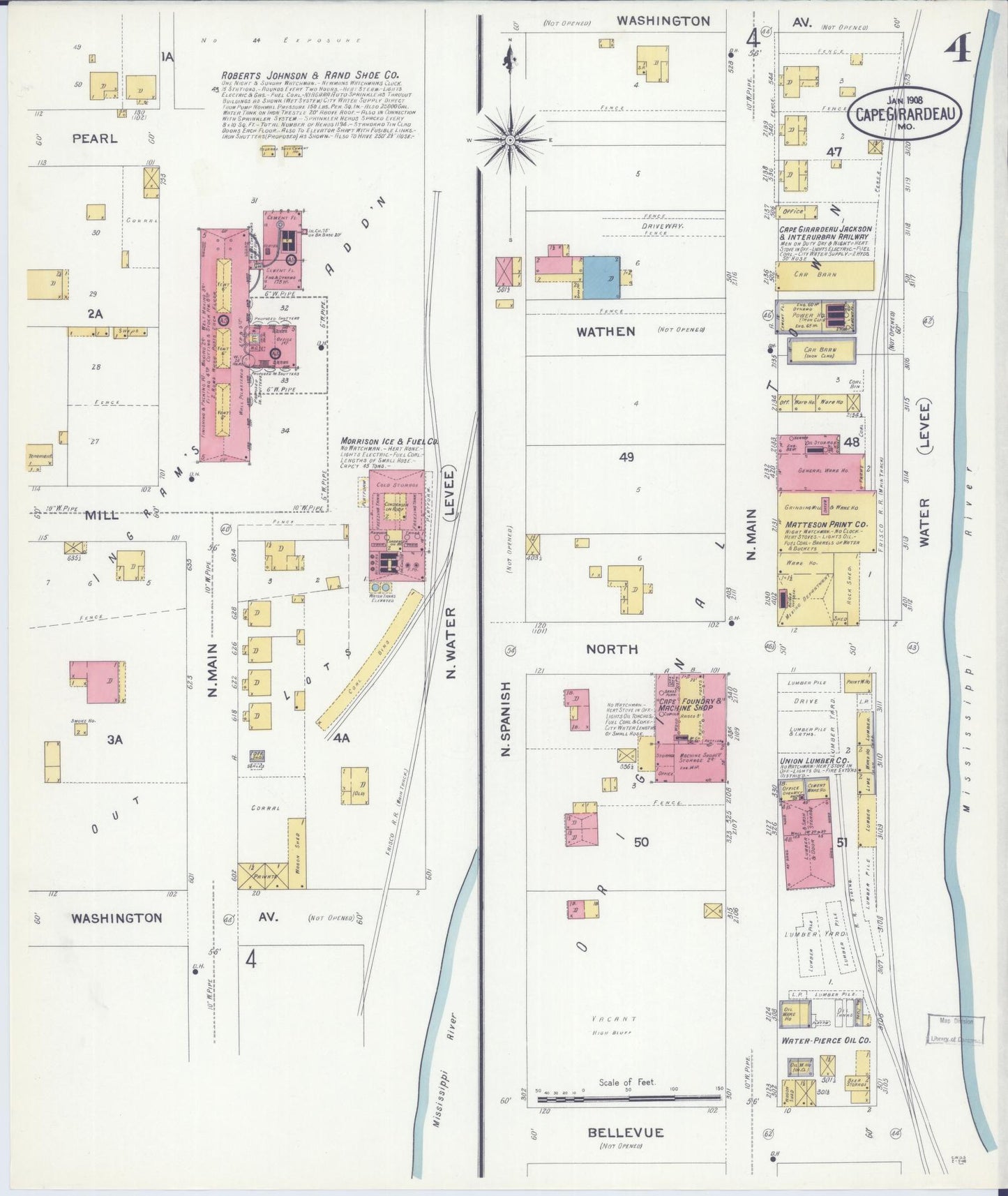 Sanborn Fire Insurance Map from Cape Girardeau, Cape Girardeau County, Missouri (1908), Sheet #0004 - Historic Sanborn Fire Insurance Map Print, vintage old map wall art, antique decor, genealogy gift, Missouri Missouri map