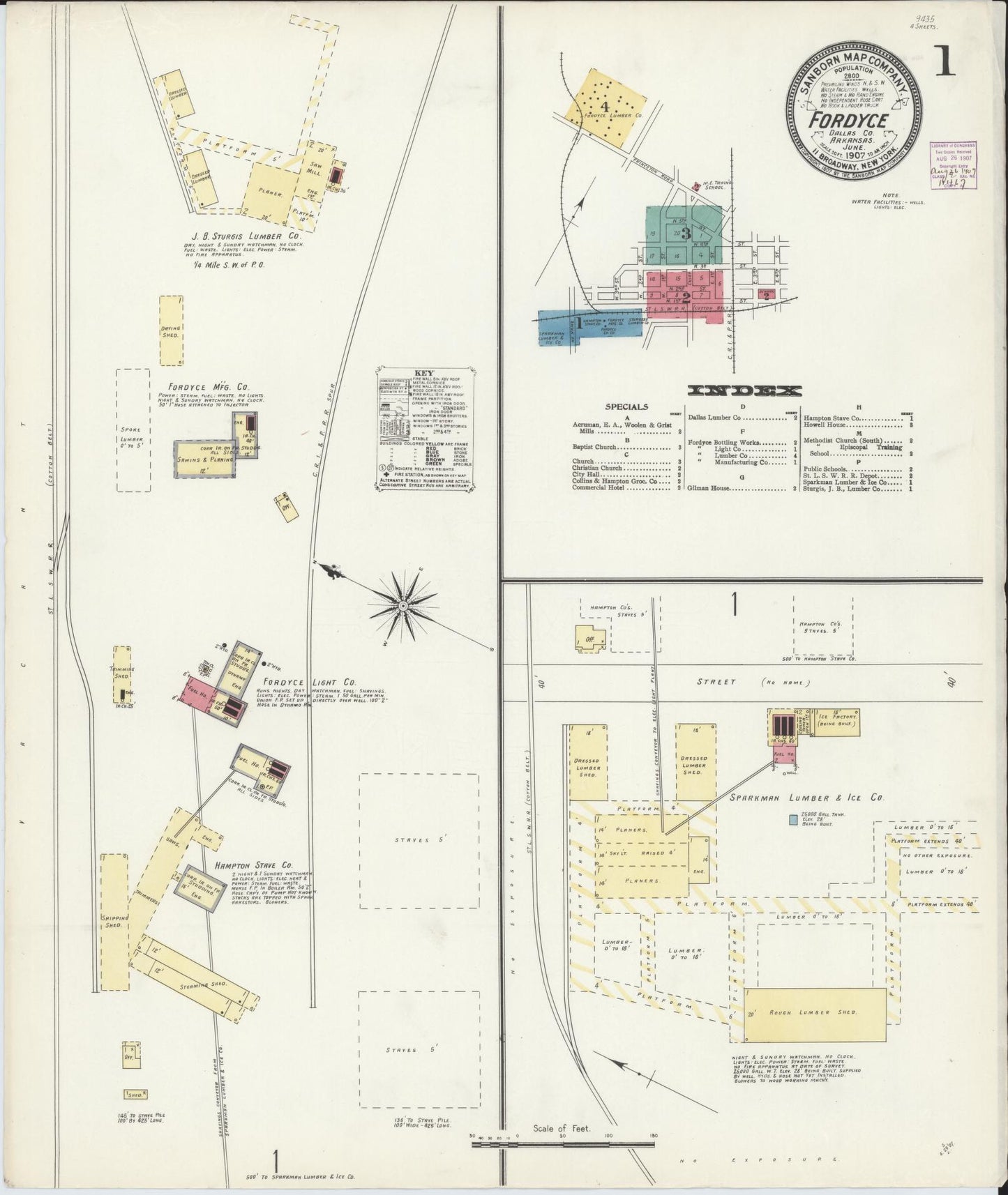 Sanborn Fire Insurance Map from Fordyce, Dallas County, Arkansas (1907), Sheet #0001 - Historic Sanborn Fire Insurance Map Print, vintage old map wall art, antique decor, genealogy gift, Arkansas Arkansas map
