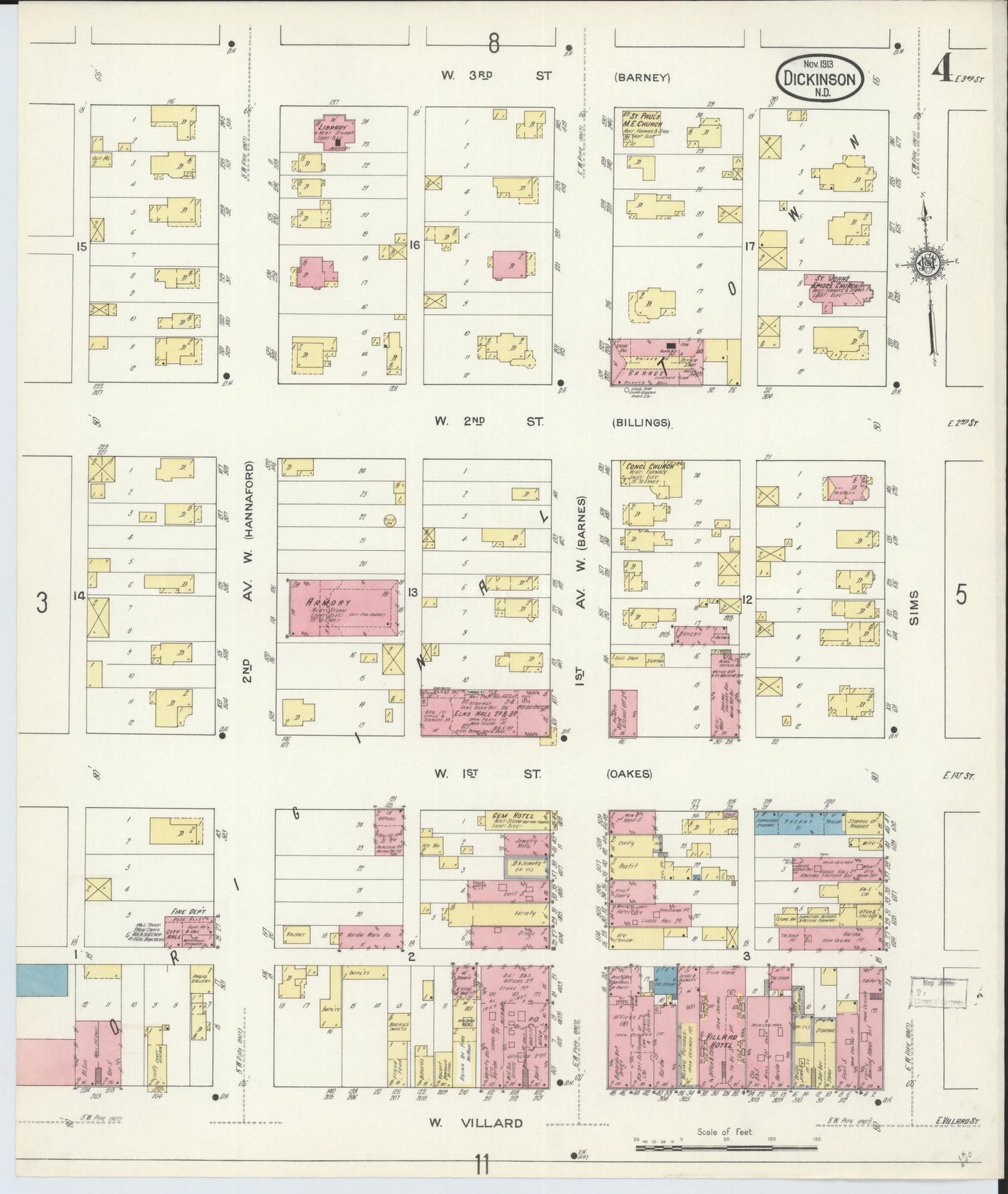 Sanborn Fire Insurance Map from Dickinson, Stark County, North Dakota (1913), Sheet #0004 - Historic Sanborn Fire Insurance Map Print, vintage old map wall art, antique decor, genealogy gift, North Dakota North Dakota map