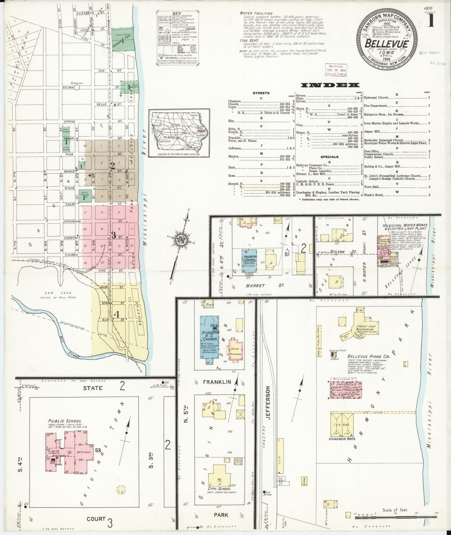 Sanborn Fire Insurance Map from Bellevue, Jackson County, Iowa (1914), Sheet #0001 - Historic Sanborn Fire Insurance Map Print, vintage old map wall art