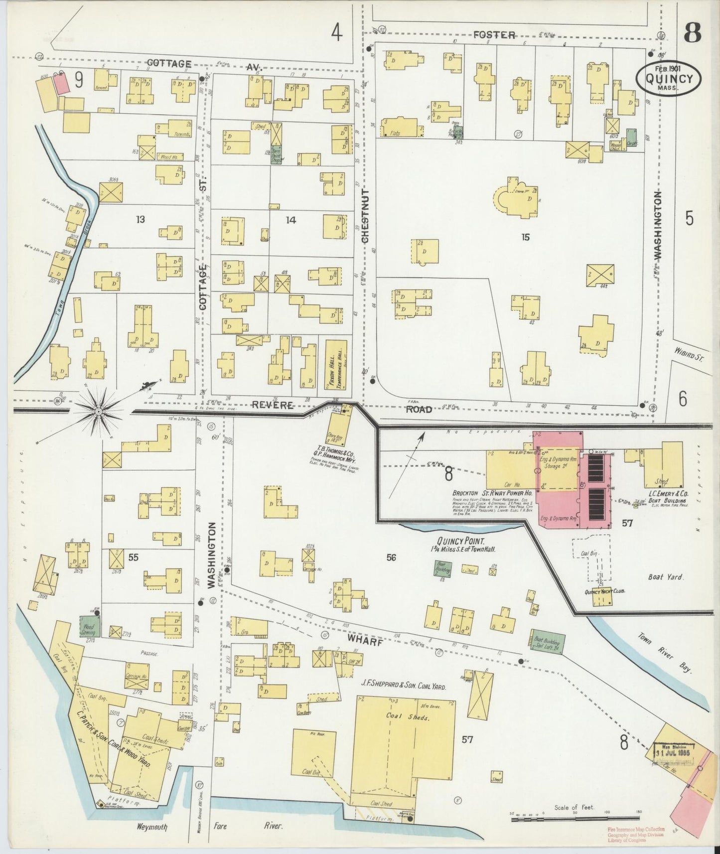 Sanborn Fire Insurance Map from Quincy, Norfolk County, Massachusetts (1901), Sheet #0008 - Historic Sanborn Fire Insurance Map Print, vintage old map wall art, antique decor, genealogy gift, Massachusetts Massachusetts map
