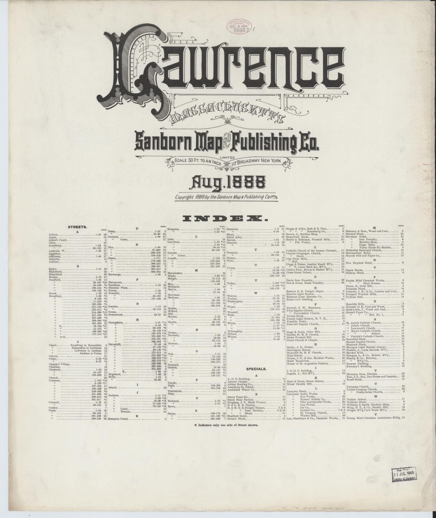 Sanborn Fire Insurance Map from Lawrence, Essex County, Massachusetts (1888), Sheet #0001 - Historic Sanborn Fire Insurance Map Print, vintage old map wall art, antique decor, genealogy gift, Massachusetts Massachusetts map