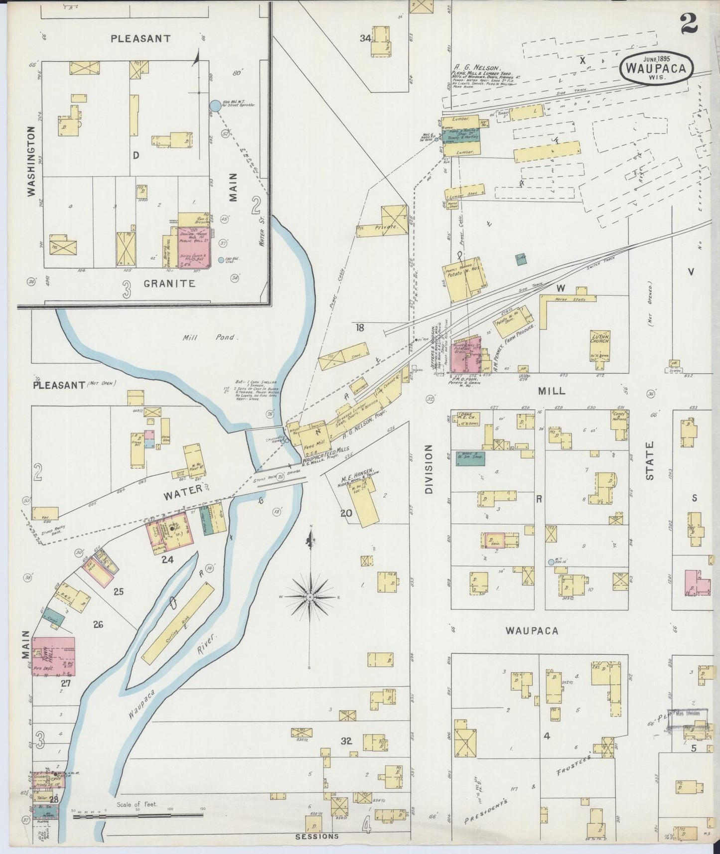 Sanborn Fire Insurance Map from Waupaca, Waupaca County, Wisconsin (1895), Sheet #0002 - Historic Sanborn Fire Insurance Map Print, vintage old map wall art, antique decor, genealogy gift, Wisconsin Wisconsin map