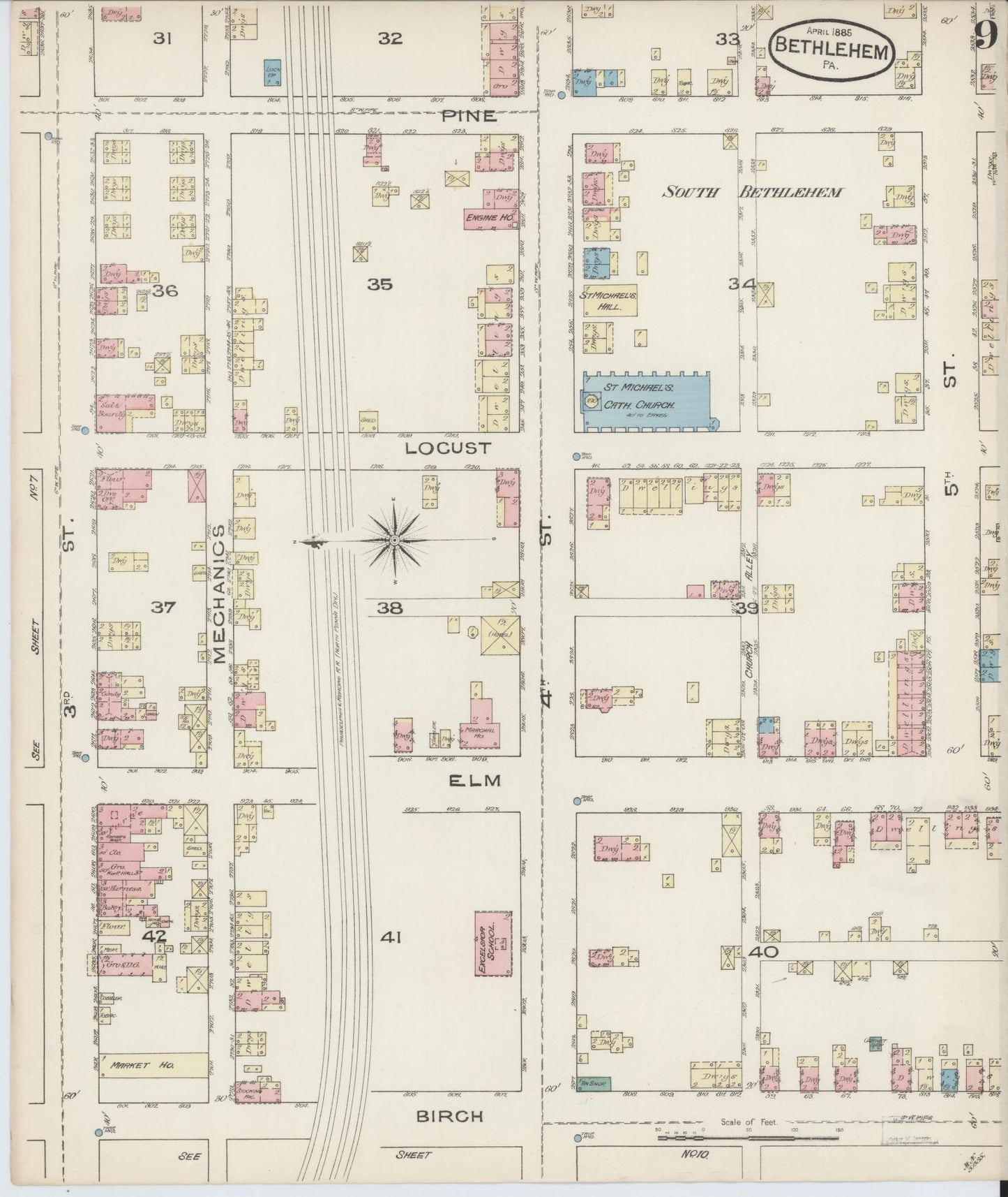 Sanborn Fire Insurance Map from Bethlehem, Northampton And Lehigh Counties, Pennsylvania (1885), Sheet #0009 - Historic Sanborn Fire Insurance Map Print, vintage old map wall art, antique decor, genealogy gift, Pennsylvania Pennsylvania map