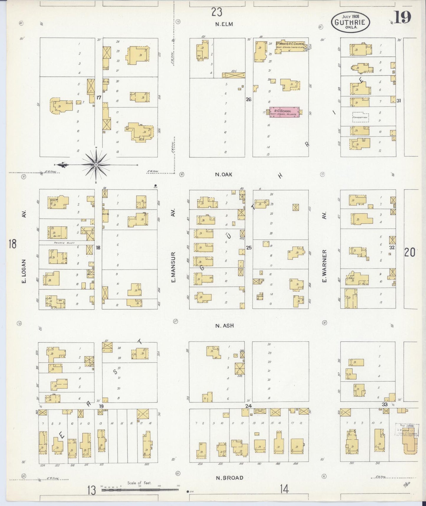Sanborn Fire Insurance Map from Guthrie, Logan County, Oklahoma (1908), Sheet #0019 - Historic Sanborn Fire Insurance Map Print, vintage old map wall art, antique decor, genealogy gift, Oklahoma Oklahoma map