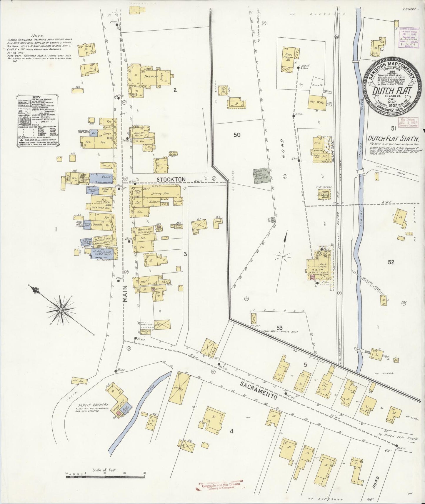 Sanborn Fire Insurance Map from Dutch Flat, Placer County, California (1907), Sheet #0001 - Historic Sanborn Fire Insurance Map Print, vintage old map wall art, antique decor, genealogy gift, California California map