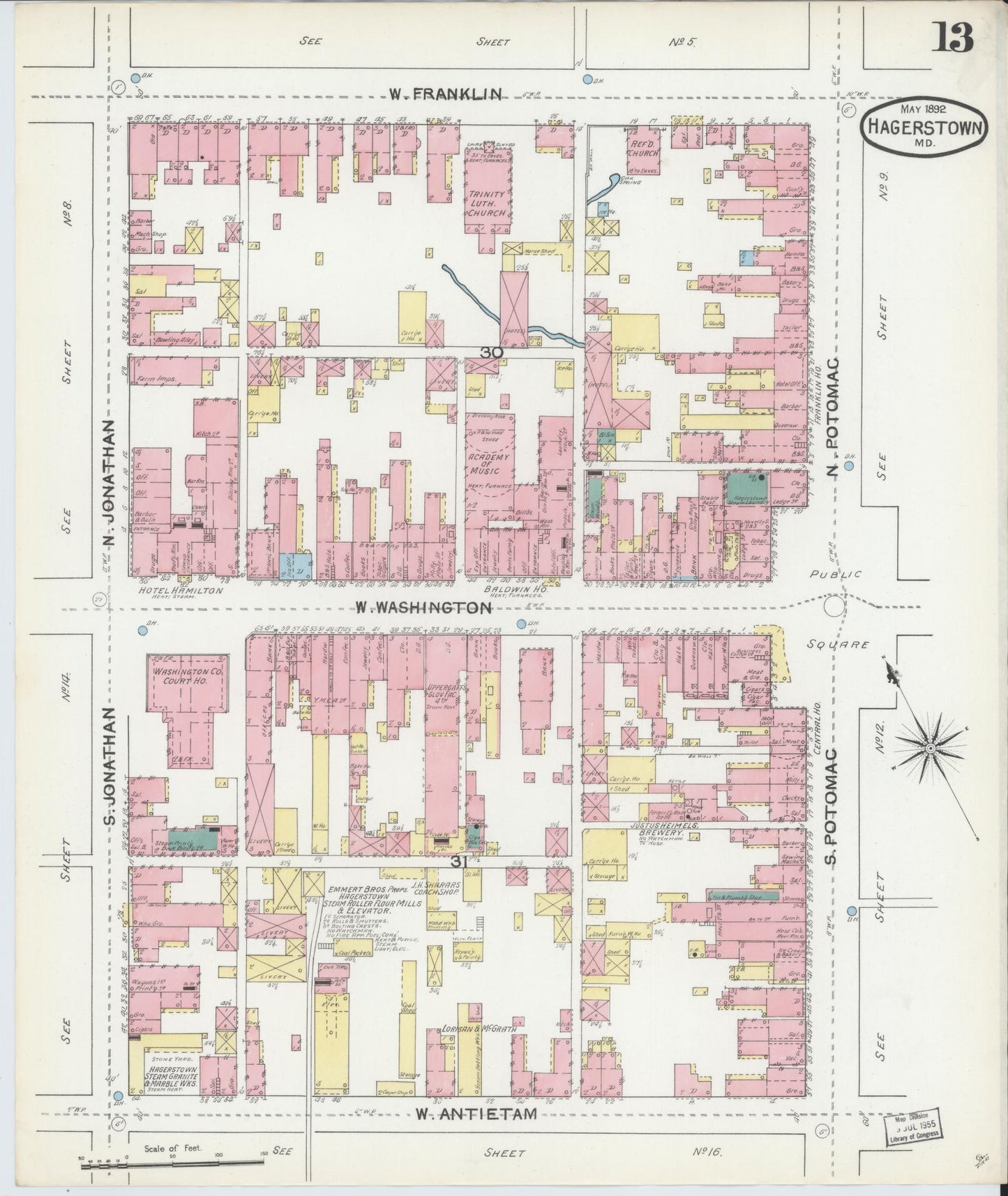 Washington, Maryland - 1892 - Sanborn Fire Insurance Map, Sheet #0013 - Historic Sanborn Fire Insurance Map Print, Washington Maryland 1892 0013 vintage old map wall art