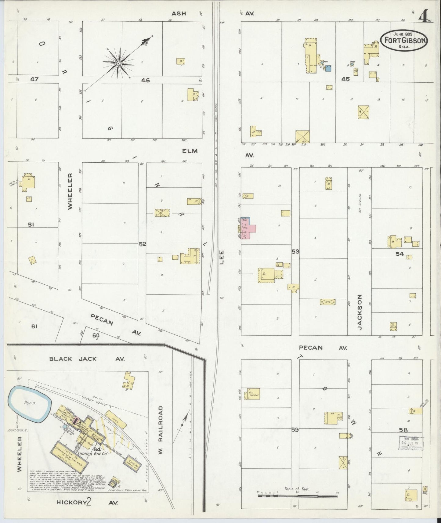 Sanborn Fire Insurance Map from Fort Gibson, Muskogee County, Oklahoma (1909), Sheet #0004 - Historic Sanborn Fire Insurance Map Print, vintage old map wall art, antique decor, genealogy gift, Oklahoma Oklahoma map