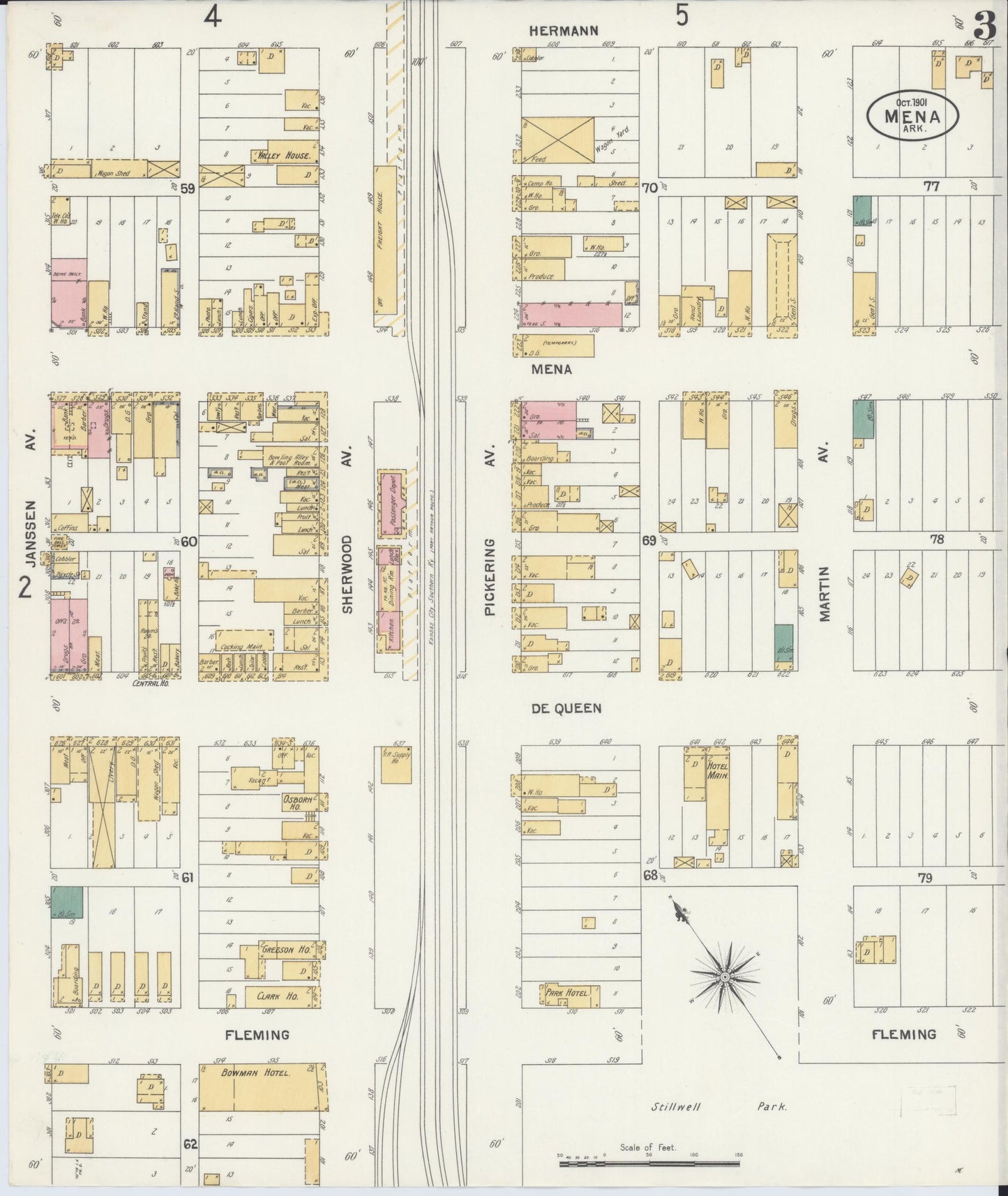 Sanborn Fire Insurance Map from Mena, Polk County, Arkansas (1901), Sheet #0003 - Historic Sanborn Fire Insurance Map Print, vintage old map wall art, antique decor, genealogy gift, Arkansas Arkansas map