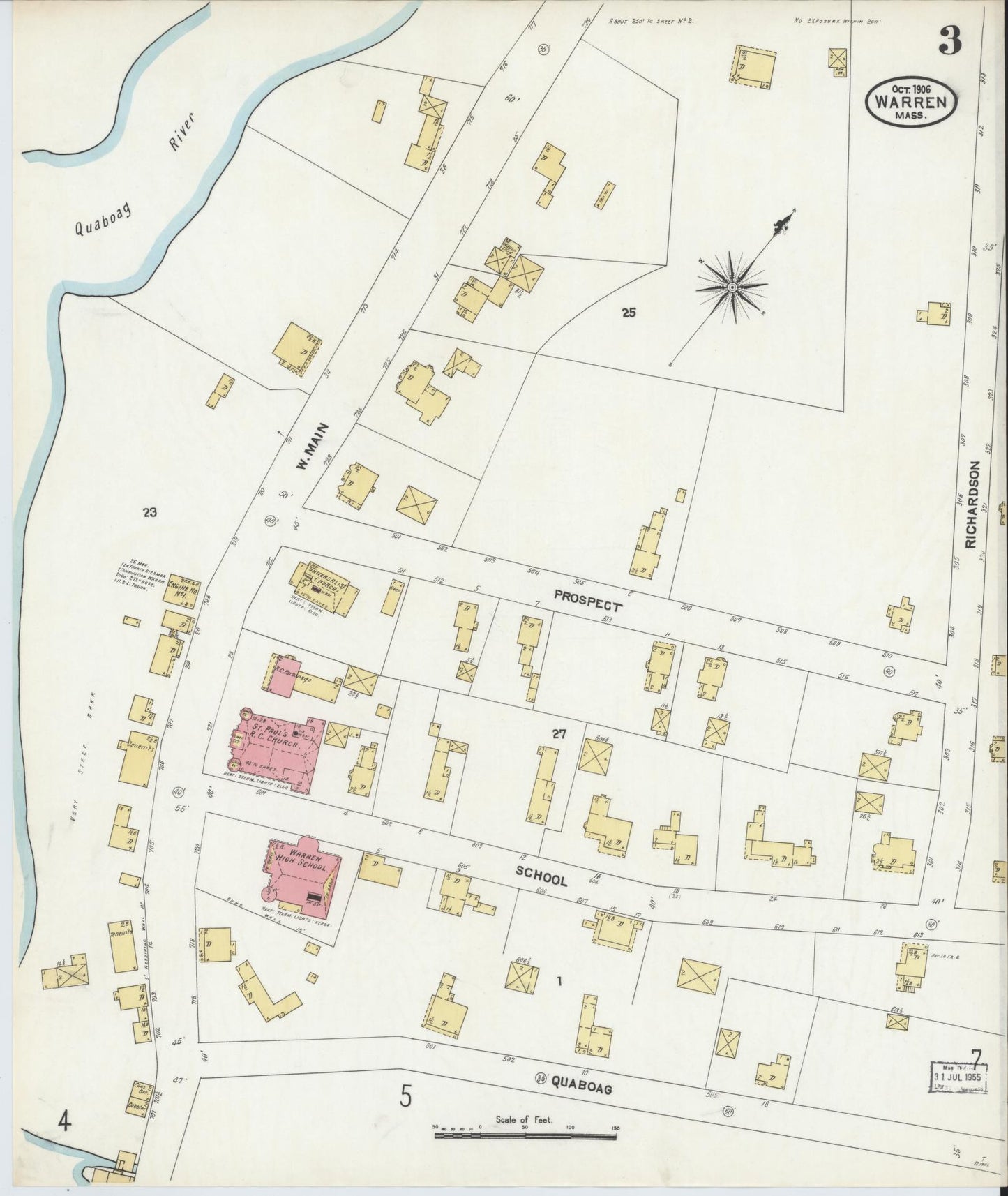 Sanborn Fire Insurance Map from Warren, Worcester County, Massachusetts (1906), Sheet #0003 - Historic Sanborn Fire Insurance Map Print, vintage old map wall art, antique decor, genealogy gift, Massachusetts Massachusetts map