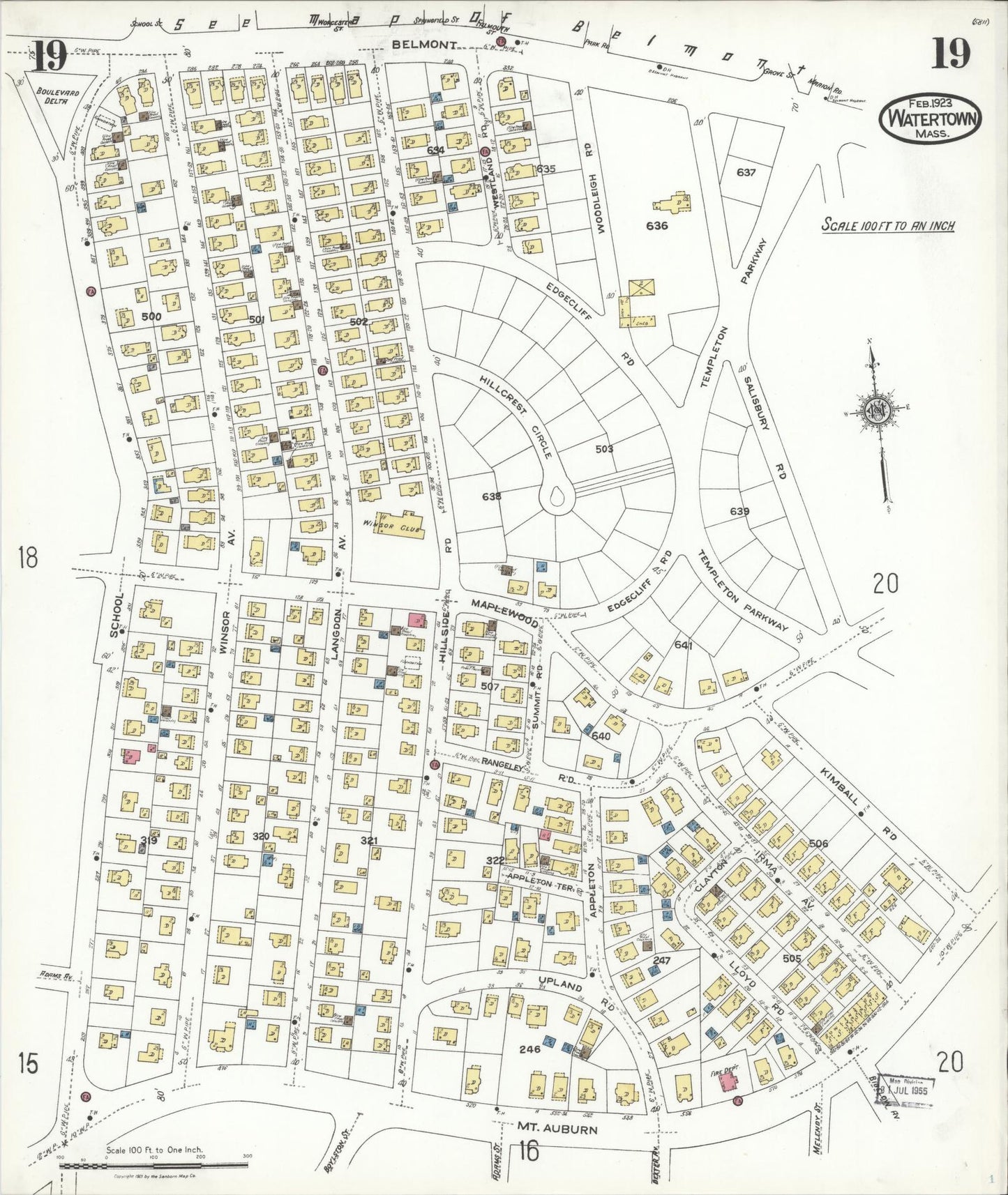 Sanborn Fire Insurance Map from Watertown, Middlesex County, Massachusetts (1923), Sheet #0019 - Historic Sanborn Fire Insurance Map Print, vintage old map wall art, antique decor, genealogy gift, Massachusetts Massachusetts map