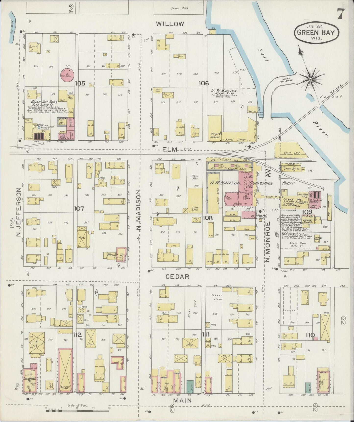Sanborn Fire Insurance Map from Green Bay, Brown County, Wisconsin (1894), Sheet #0007 - Historic Sanborn Fire Insurance Map Print, vintage old map wall art, antique decor, genealogy gift, Wisconsin Wisconsin map