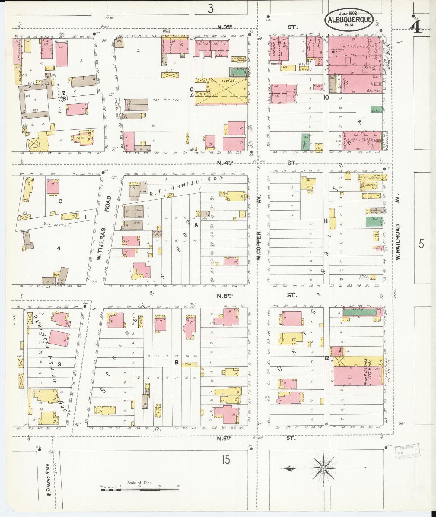 Sanborn Fire Insurance Map from Albuquerque, Bernalillo County, New Mexico (1902), Sheet #0004 - Historic Sanborn Fire Insurance Map Print, vintage old map wall art, antique decor, genealogy gift, New Mexico New Mexico map