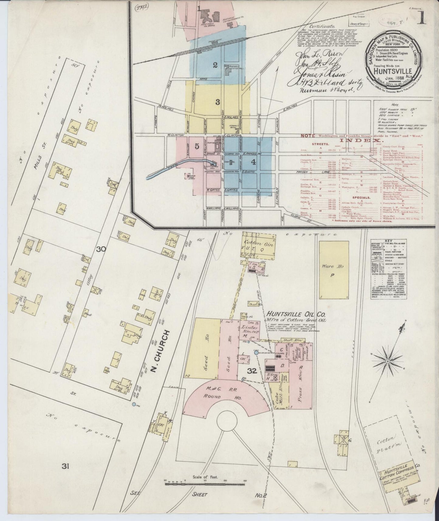Sanborn Fire Insurance Map from Huntsville, Madison County, Alabama (1888), Sheet #0001 - Historic Sanborn Fire Insurance Map Print, vintage old map wall art, antique decor, genealogy gift, Alabama Alabama map