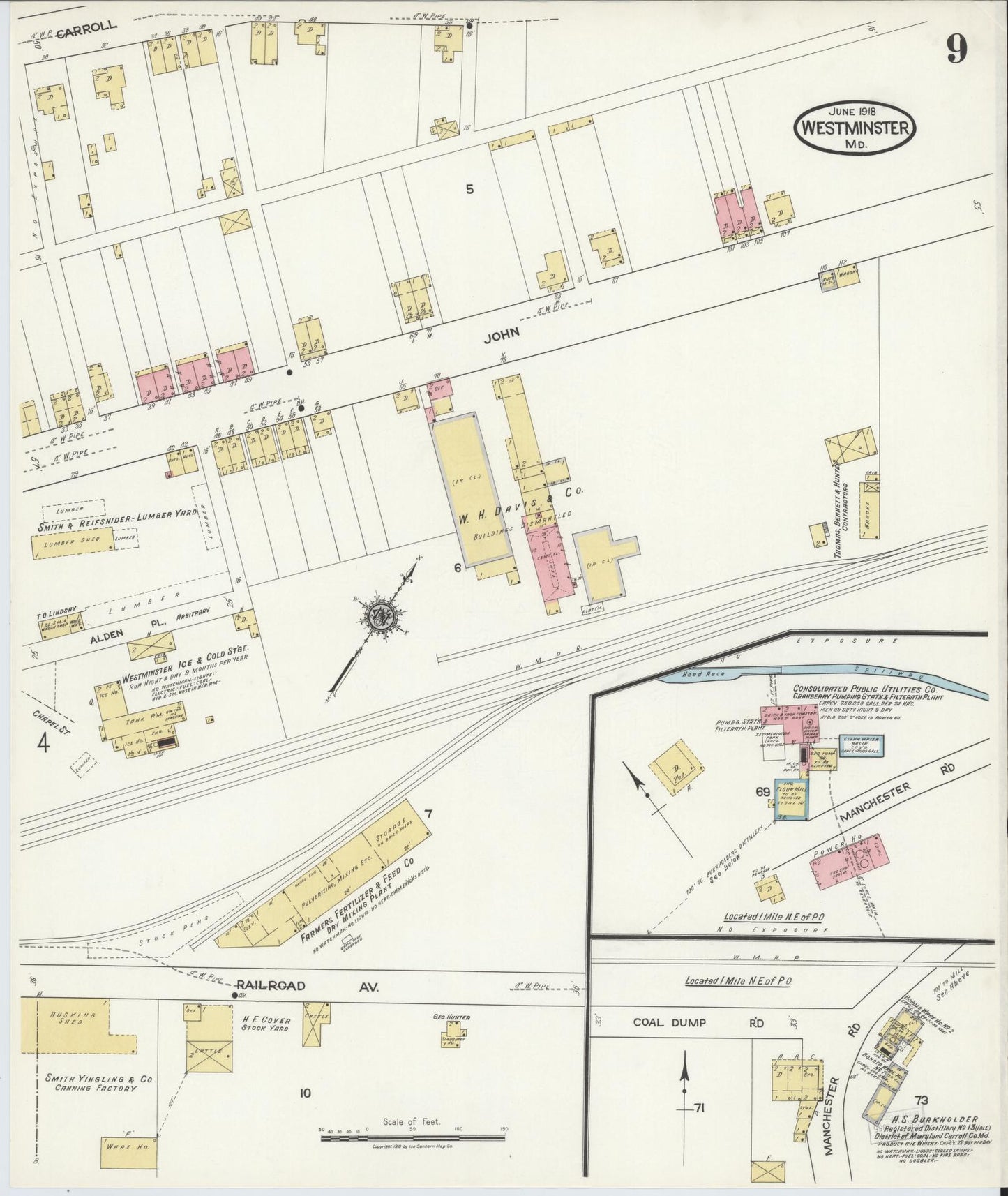 Sanborn Fire Insurance Map from Westminster, Carroll County, Maryland (1918), Sheet #0009 - Historic Sanborn Fire Insurance Map Print, vintage old map wall art, antique decor, genealogy gift, Maryland Maryland map
