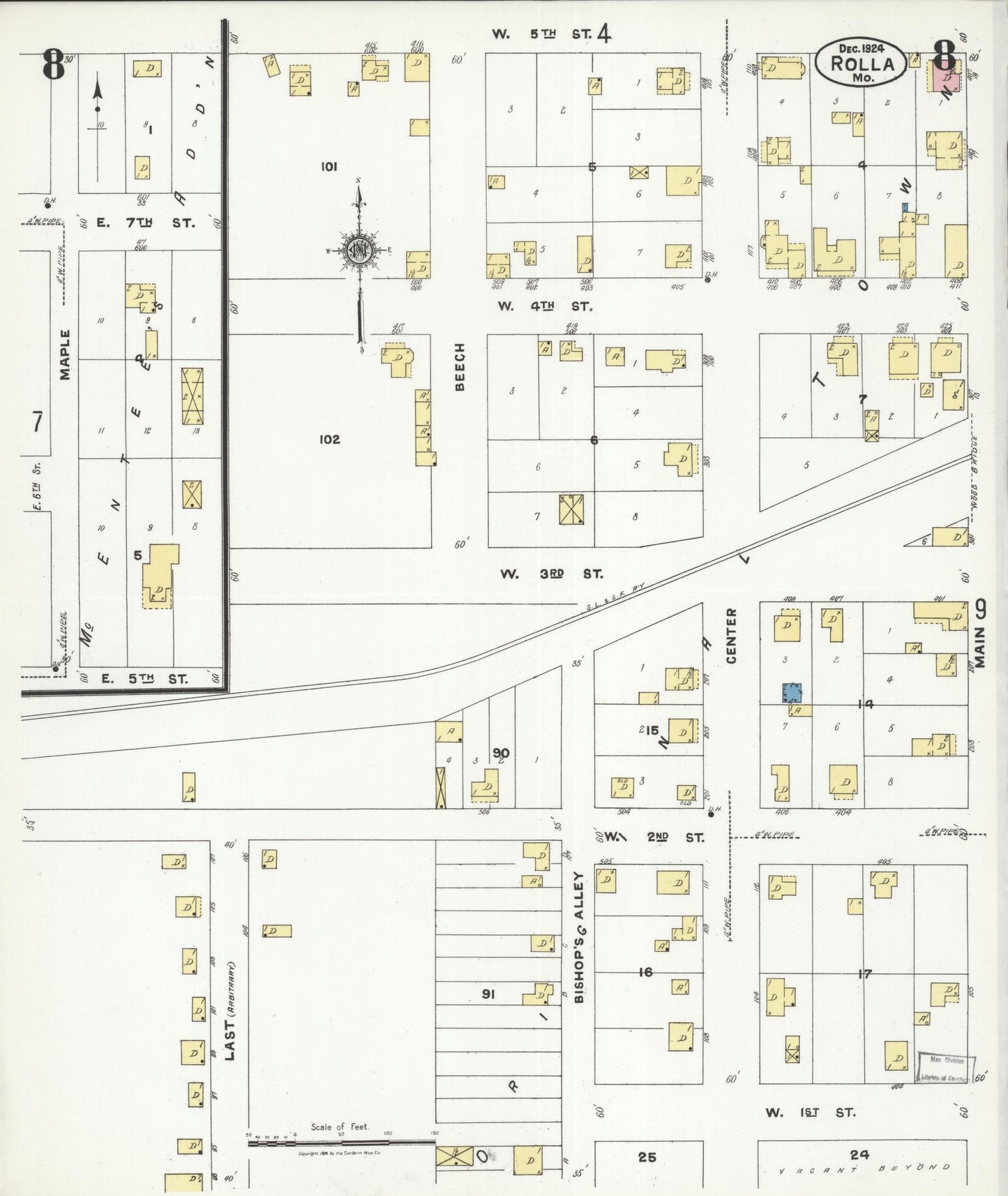 Sanborn Fire Insurance Map from Rolla, Phelps County, Missouri (1924), Sheet #0008 - Historic Sanborn Fire Insurance Map Print, vintage old map wall art, antique decor, genealogy gift, Missouri Missouri map