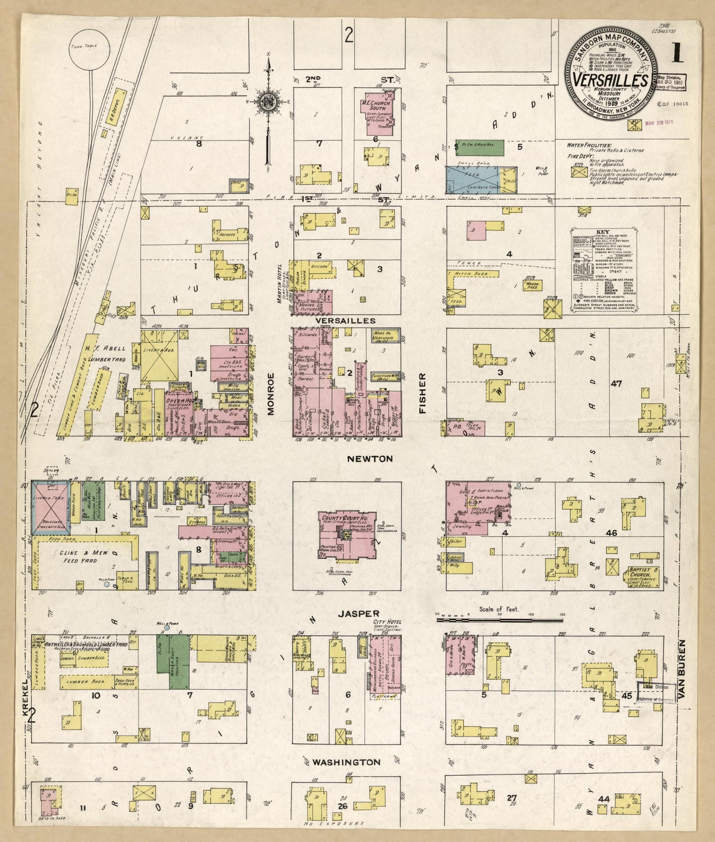 Sanborn Fire Insurance Map from Versailles, Morgan County, Missouri (1909), Sheet #0001 - Historic Sanborn Fire Insurance Map Print, vintage old map wall art, antique decor, genealogy gift, Missouri Missouri map