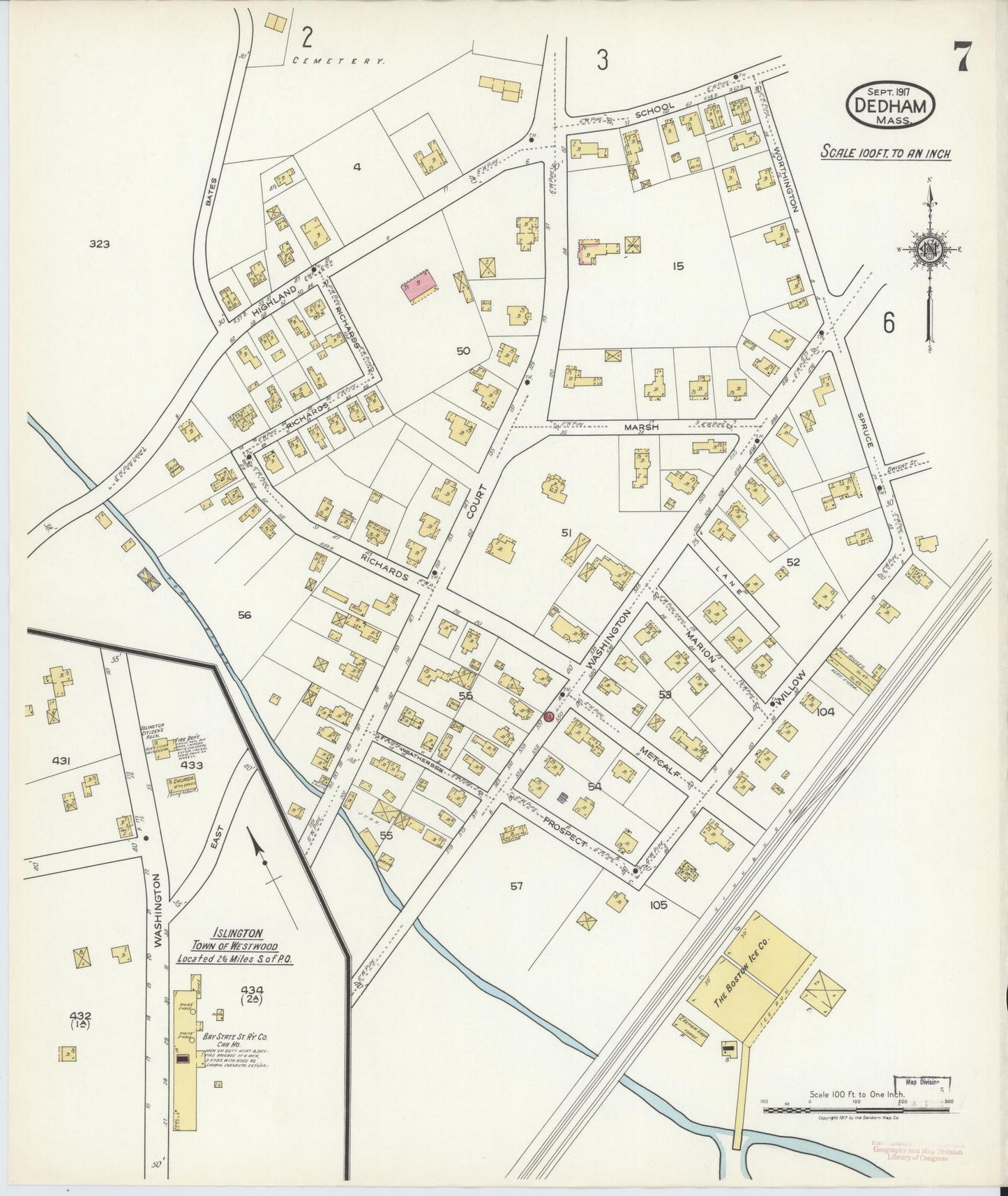 Sanborn Fire Insurance Map from Dedham, Norfolk County, Massachusetts (1917), Sheet #0007 - Historic Sanborn Fire Insurance Map Print, vintage old map wall art, antique decor, genealogy gift, Massachusetts Massachusetts map