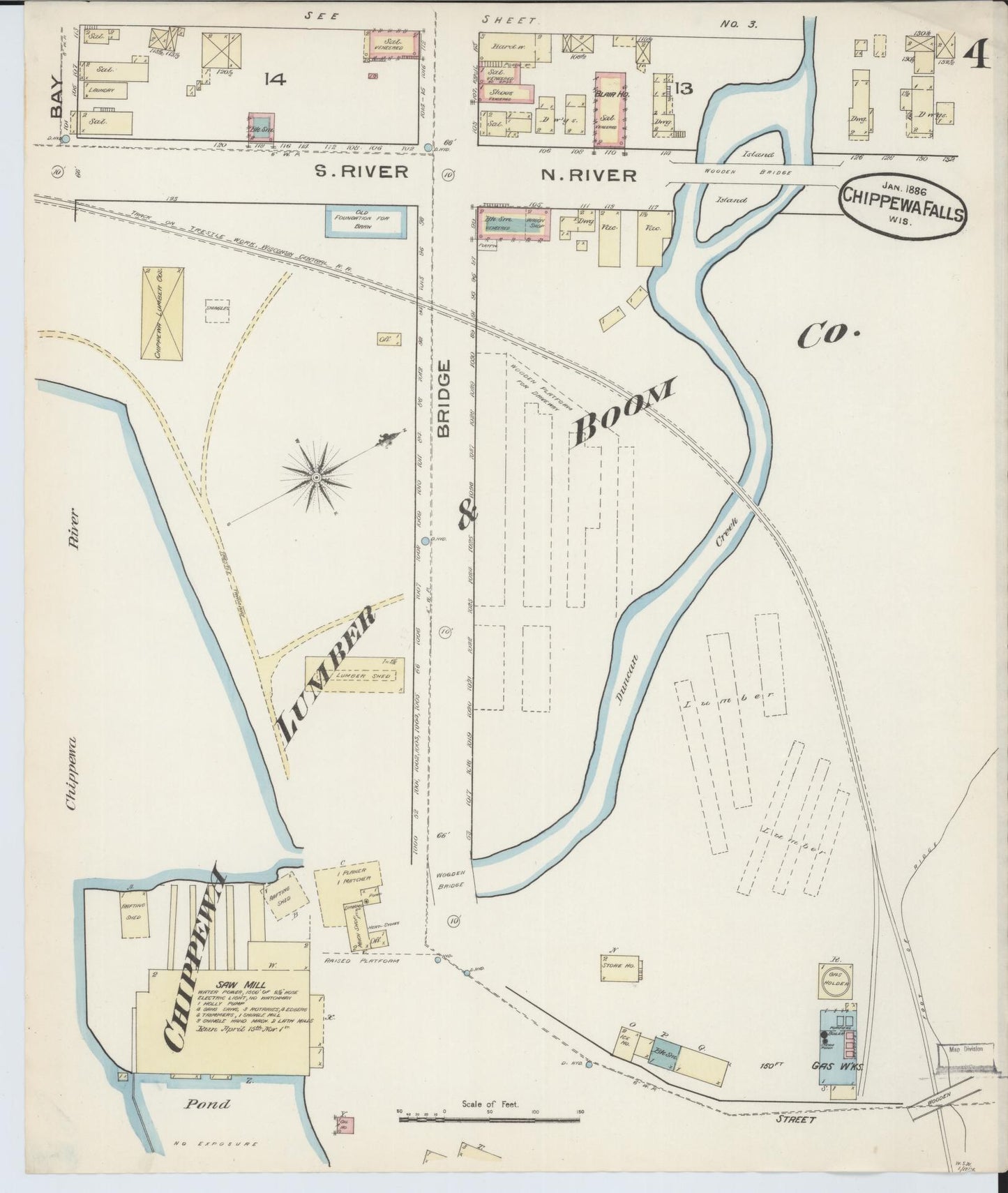 Sanborn Fire Insurance Map from Chippewa Falls, Chippewa County, Wisconsin (1886), Sheet #0004 - Historic Sanborn Fire Insurance Map Print, vintage old map wall art, antique decor, genealogy gift, Wisconsin Wisconsin map