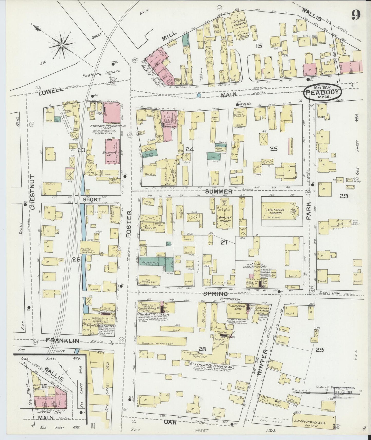 Sanborn Fire Insurance Map from Peabody, Essex County, Massachusetts (1892), Sheet #0009 - Historic Sanborn Fire Insurance Map Print, vintage old map wall art, antique decor, genealogy gift, Massachusetts Massachusetts map