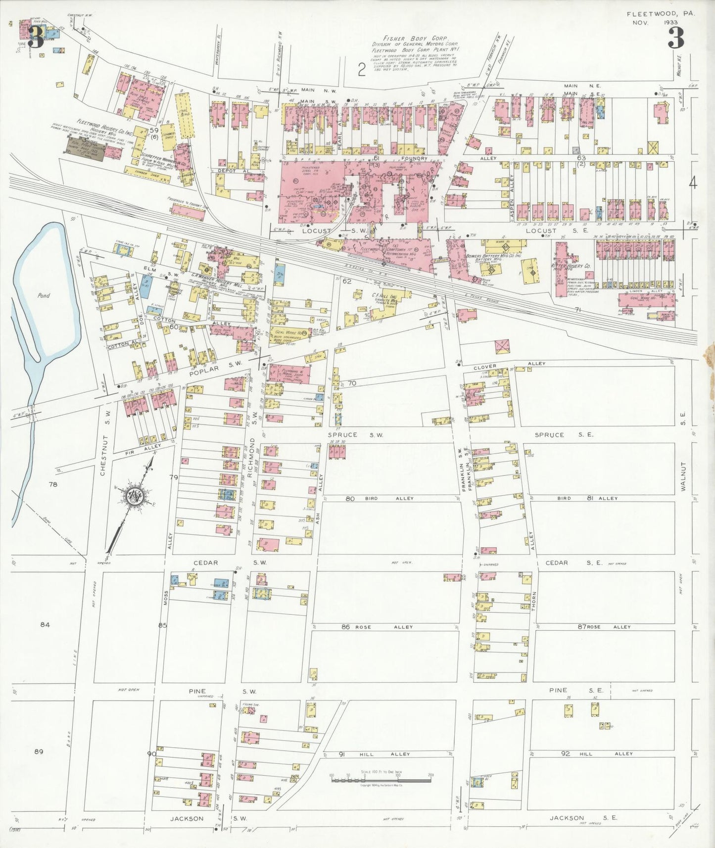 Sanborn Fire Insurance Map from Fleetwood, Berks County, Pennsylvania (1933), Sheet #0003 - Historic Sanborn Fire Insurance Map Print, vintage old map wall art, antique decor, genealogy gift, Pennsylvania Pennsylvania map