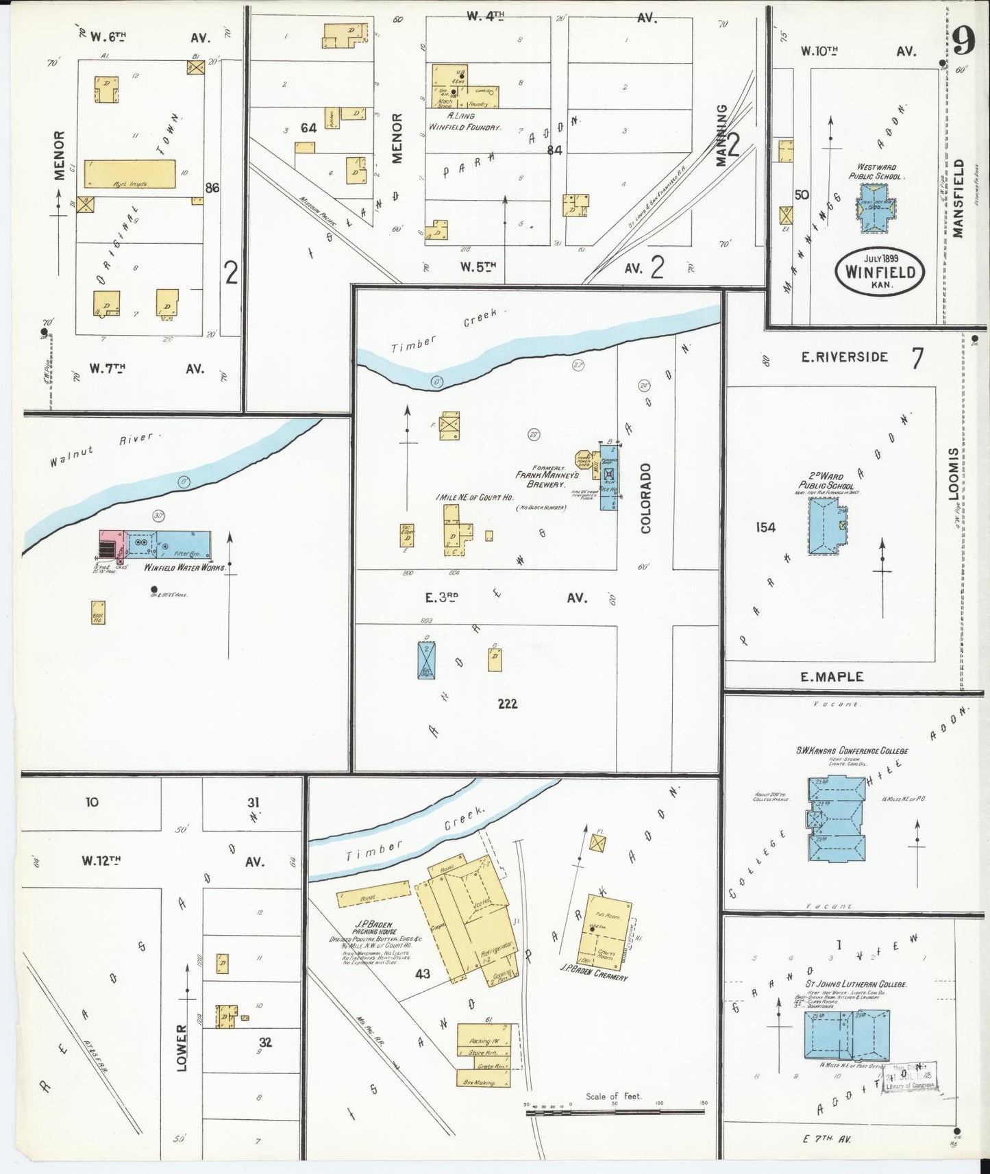 Sanborn Fire Insurance Map from Winfield, Cowley County, Kansas (1899), Sheet #0009 - Historic Sanborn Fire Insurance Map Print, vintage old map wall art, antique decor, genealogy gift, Kansas Kansas map