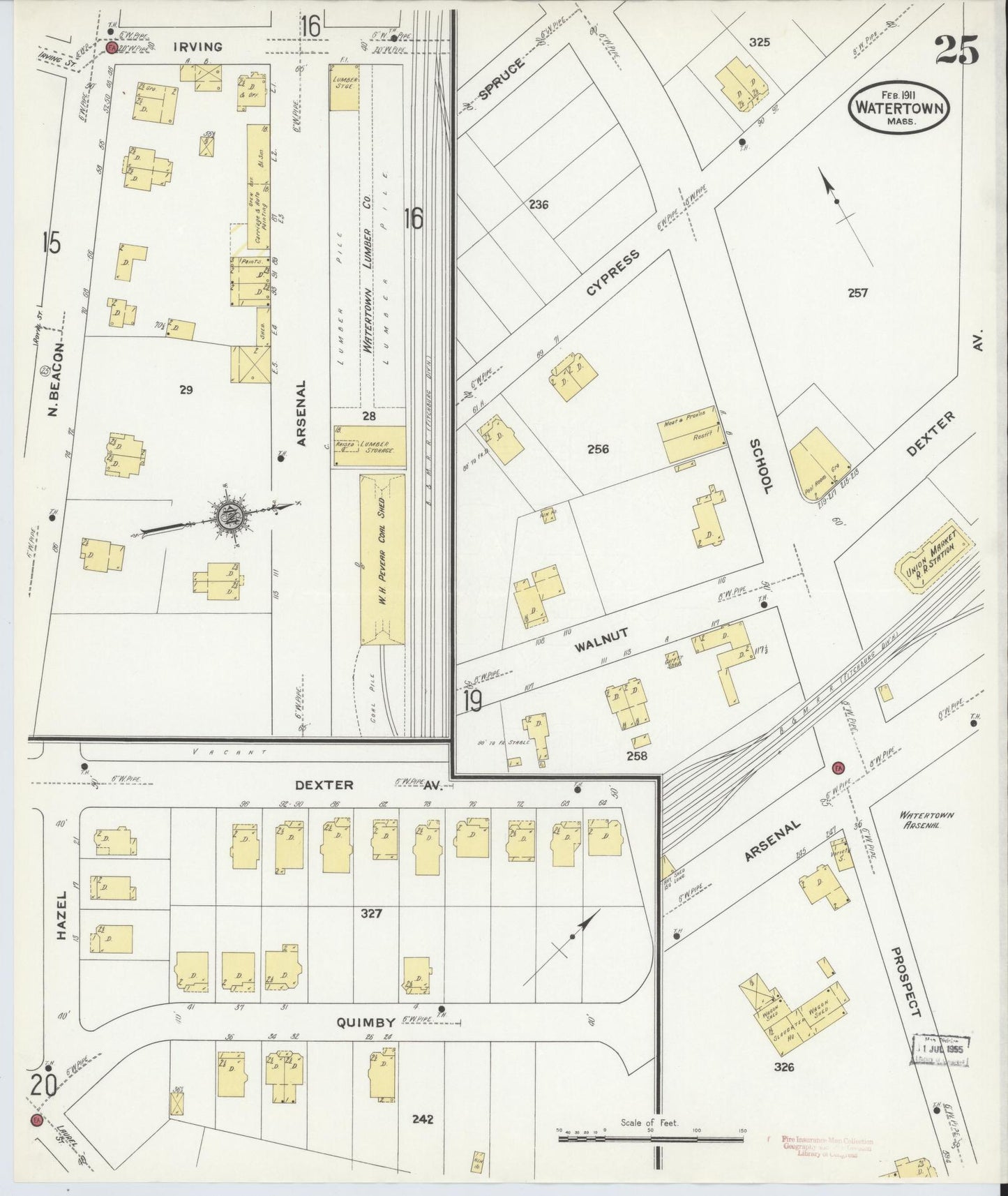 Sanborn Fire Insurance Map from Watertown, Middlesex County, Massachusetts (1911), Sheet #0025 - Historic Sanborn Fire Insurance Map Print, vintage old map wall art, antique decor, genealogy gift, Massachusetts Massachusetts map